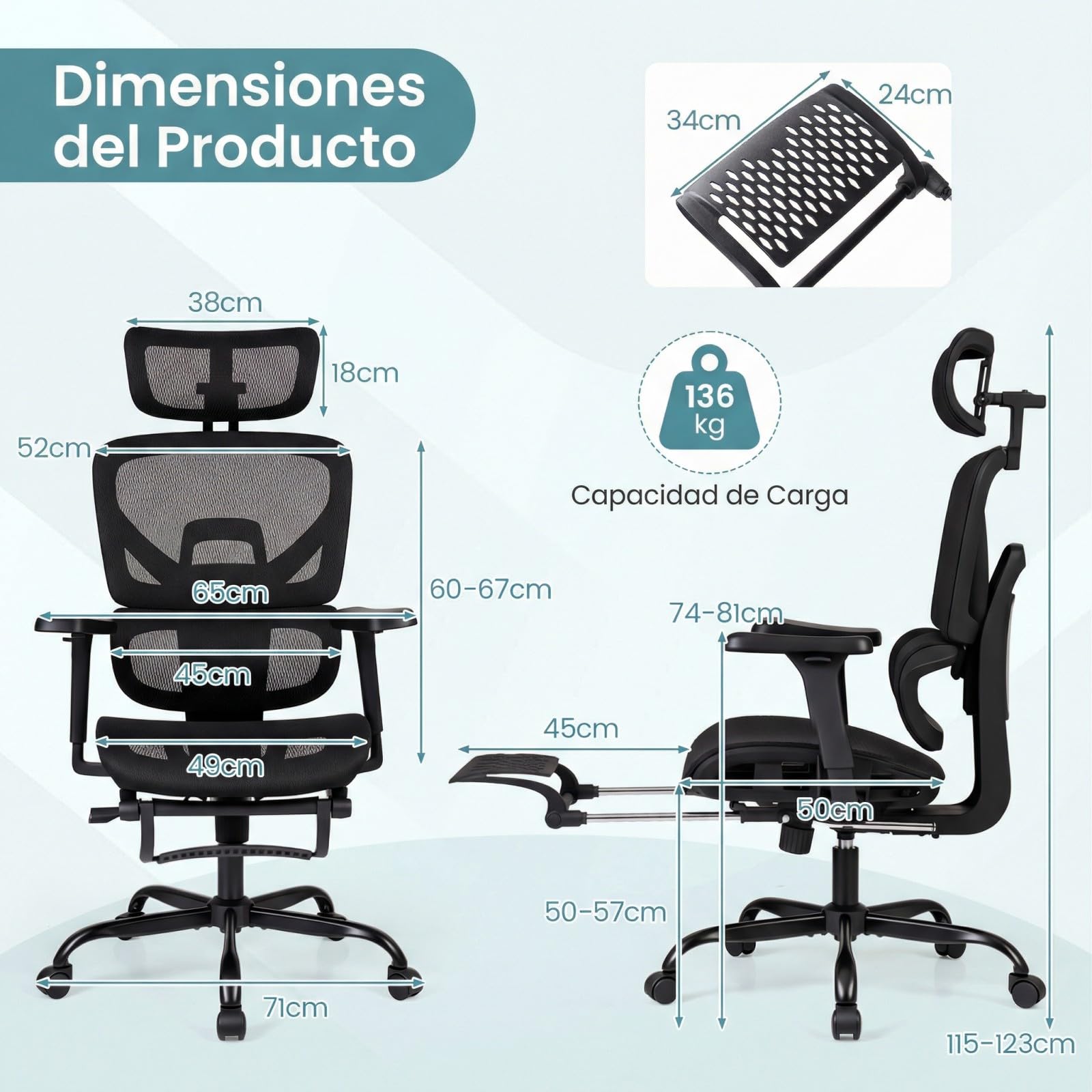 COSTWAY Silla Ergonomica Escritorio con Reposapiés, Silla de Oficina, Reposabrazos 3D, Soporte Lumbar Dinámico, Reposacabezas Ajustable, Cadeira Escritorio de Malla, Altura Ajustable
