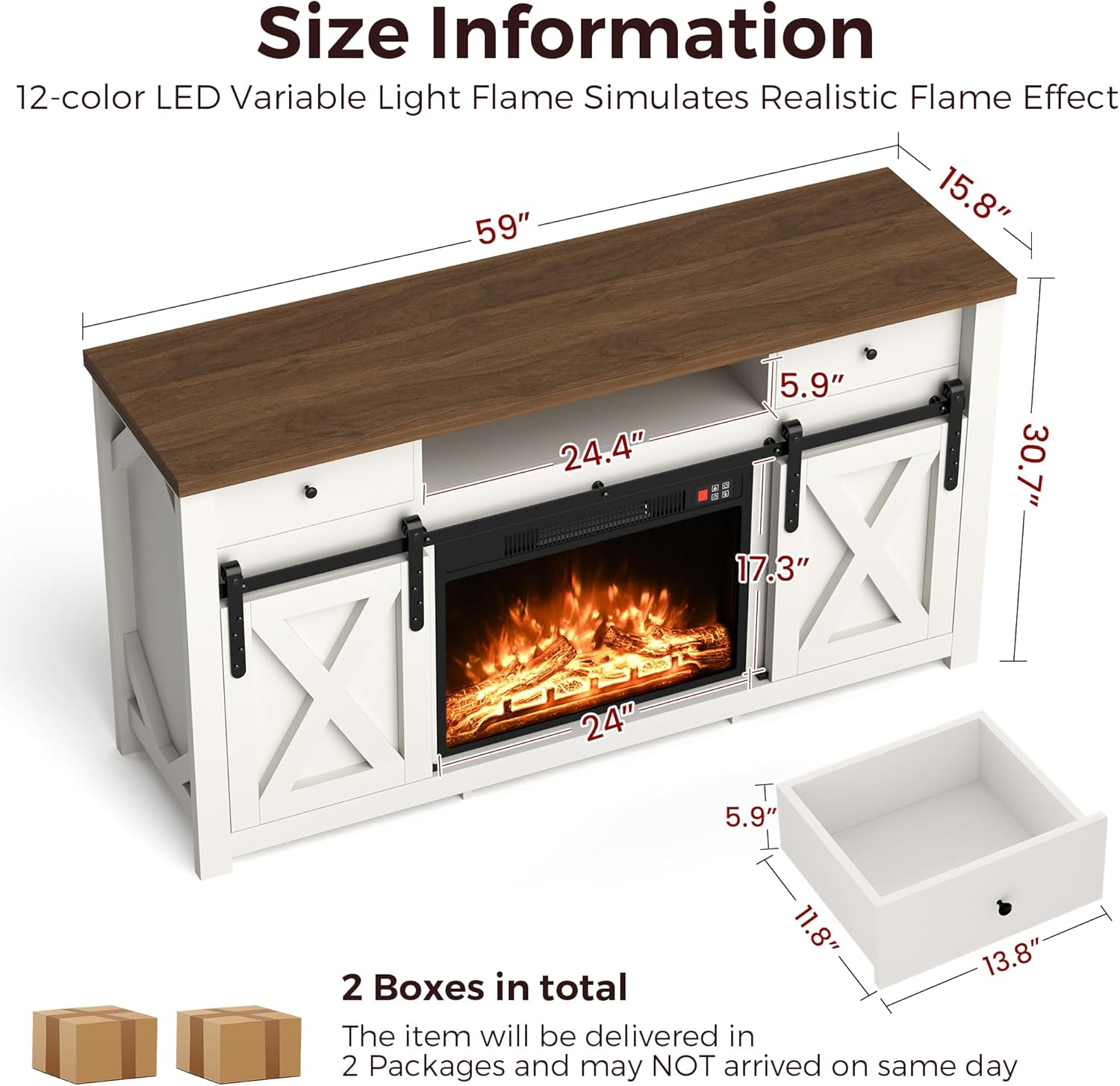 Pamapic 59" Fireplace TV Stand,Sliding Diamond Door,Up to 73" TV,23" Electric Fireplace,12-Color LED Variable Light,Entertainment Center,TV Stand for Living Room,White