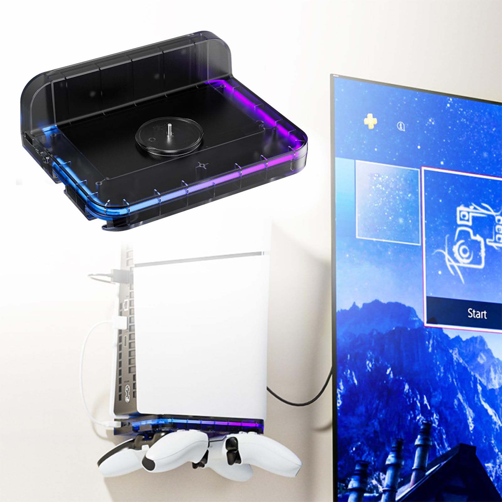 Staffa portaoggetti da parete per console di gioco, staffa salvaspazio con staffa per controller e luce