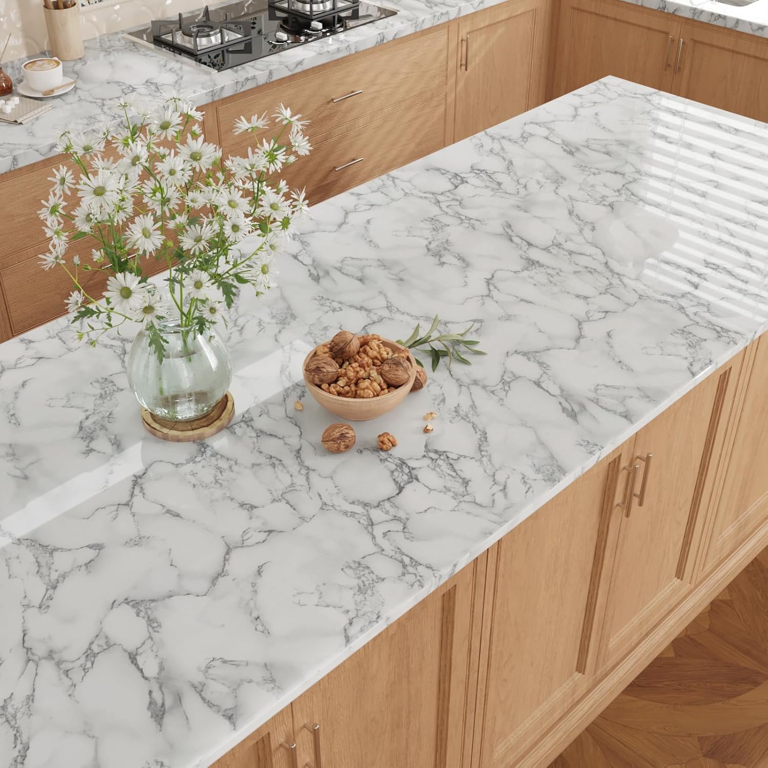 VEELIKE Glossy White Grey Marble Contact Paper for Countertops Peel and Stick Waterproof Countertop Contact Paper 15.7''x118'' Marble Wallpaper Self Adhesive Vinyl Counter Top for Kitchen Bathroom