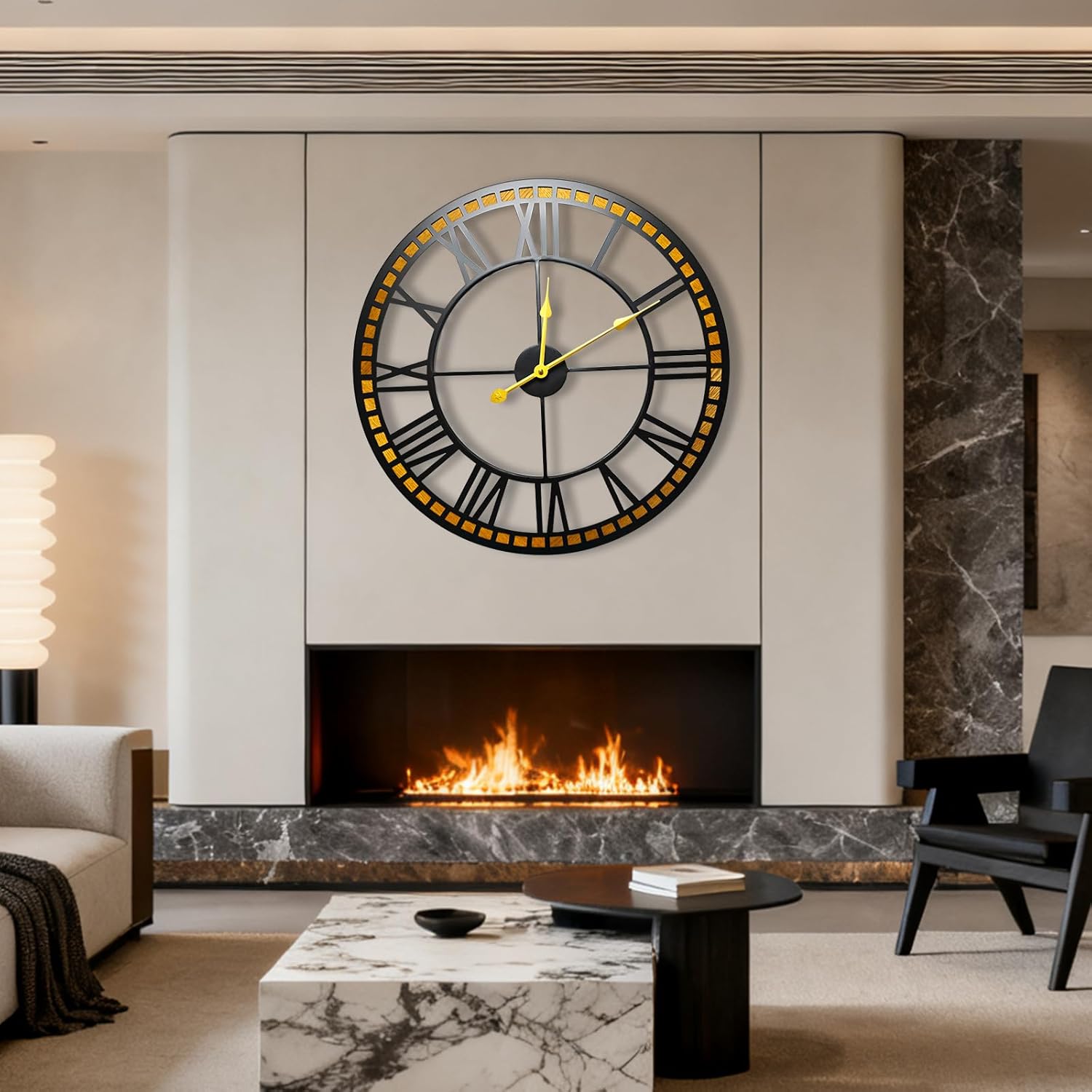 Silent Large Wall Clock,24 inch Modern Metal Black with Wood Frame - Battery Operated Non-Ticking Clock for Living Room Bedroom Kitchen Office