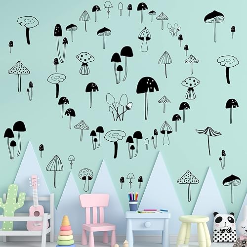 Miniatura 7 de 96 calcomanías de pared de hongos, bonitas calcomanías de pared de hongos, color negro, removibles, para niños, guardería, habitación, escuela,