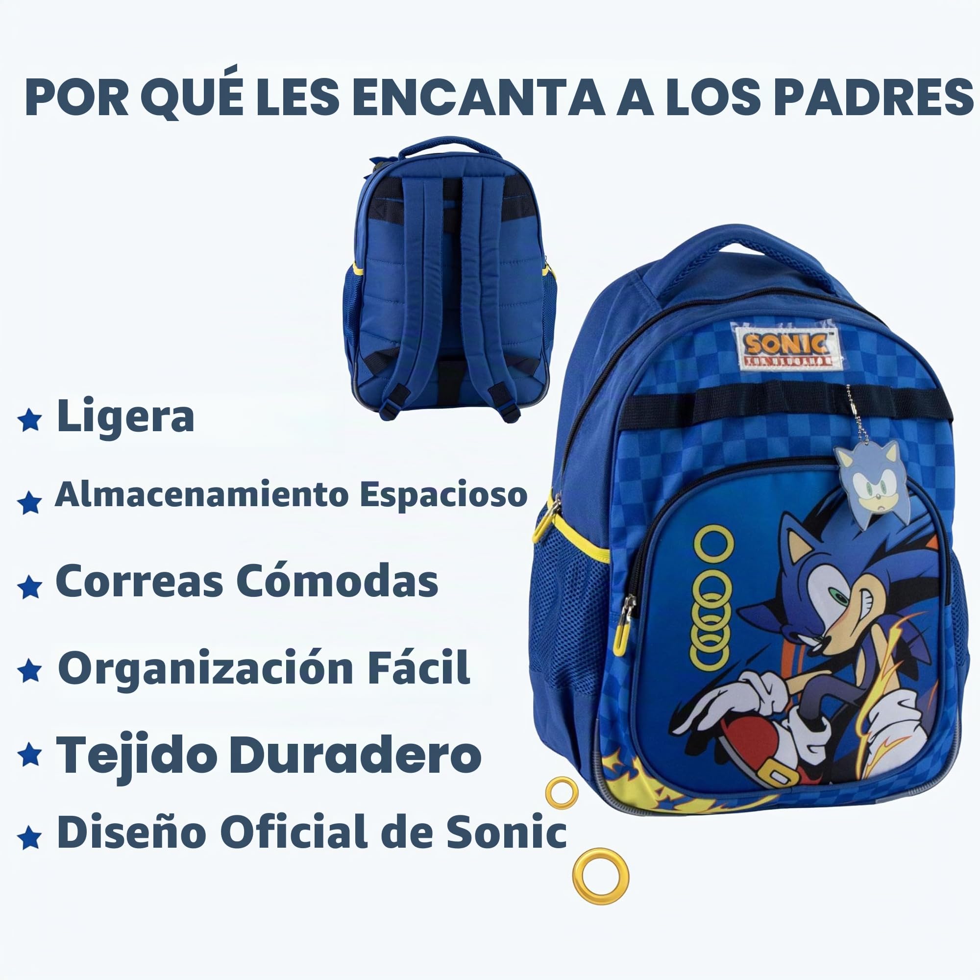 Sonic the Hedgehog - Mochila escolar para niños, 2 compartimentos, ligera, bolsa para libros grande con bolsillo frontal y bolsillo lateral de malla para botellas, mochila de viaje para niños, mochila