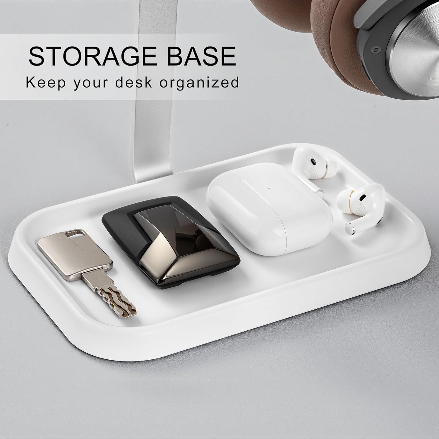 Dual Headphone Stand, Double Balanced Headset Stand with Storage Tray, Heavy Base Gaming Headset Holder for Desk (White) - Image 5