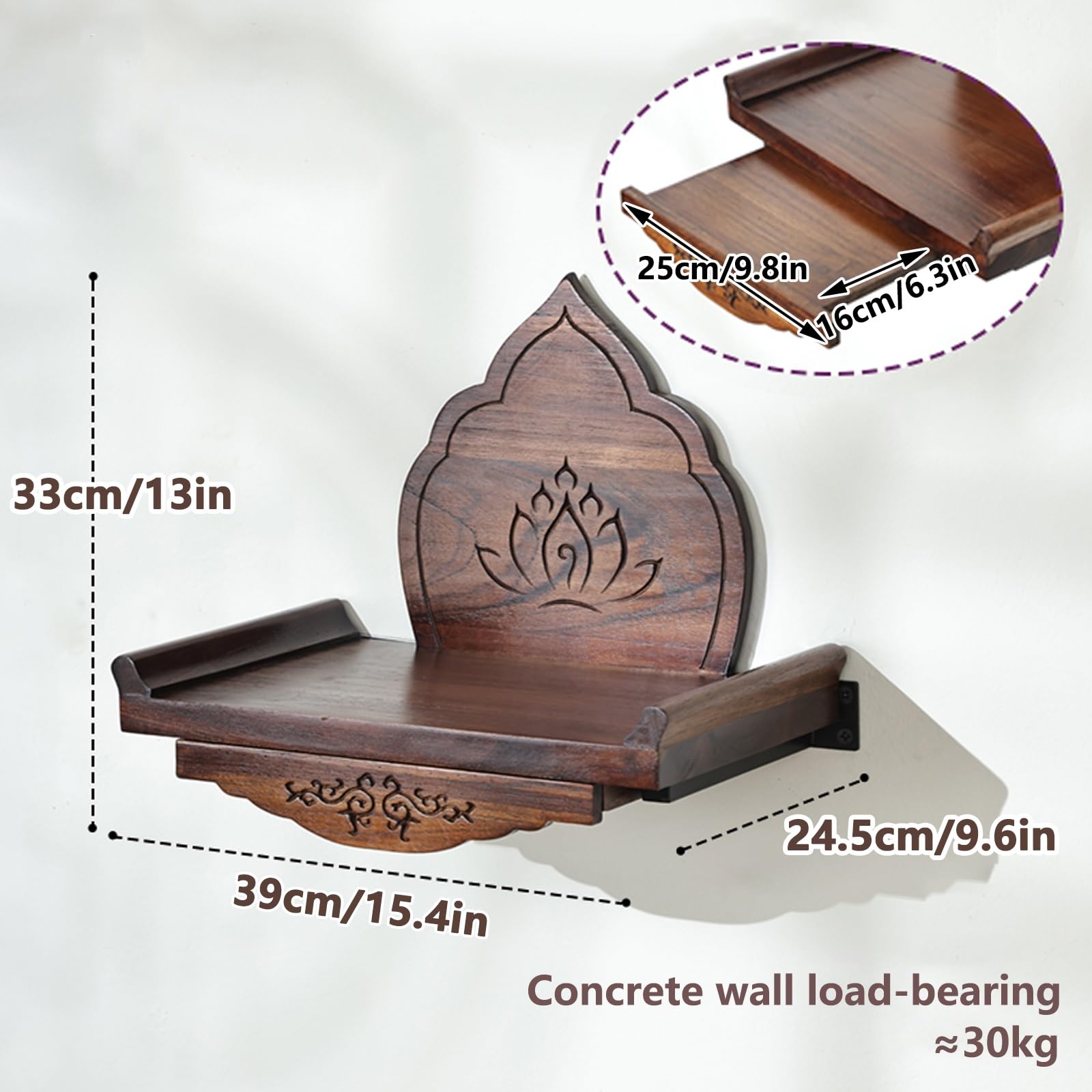 Tavolo da altare Buddha, mensola da parete con schienale, tavoli Puja con cassetto, stile moderno, per camera da letto, soggiorno, ufficio