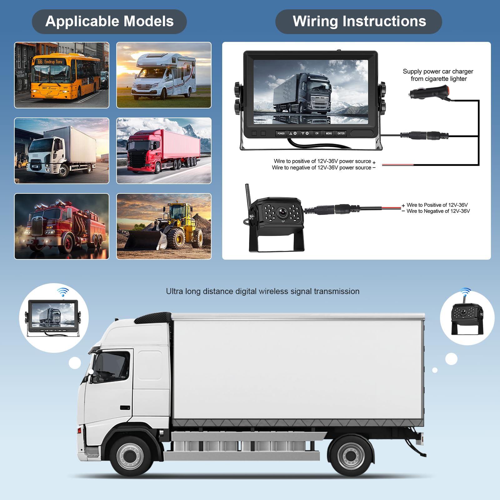 Hodozzy Digital Wireless Reversing Camera Kit Monitor 4 Cameras Split Screen 7 Inch Waterproof Night Vision Front Rear Side View Camera for Trailer Truck Camper 12V-24V-36V Recording Video Playback - Image 2