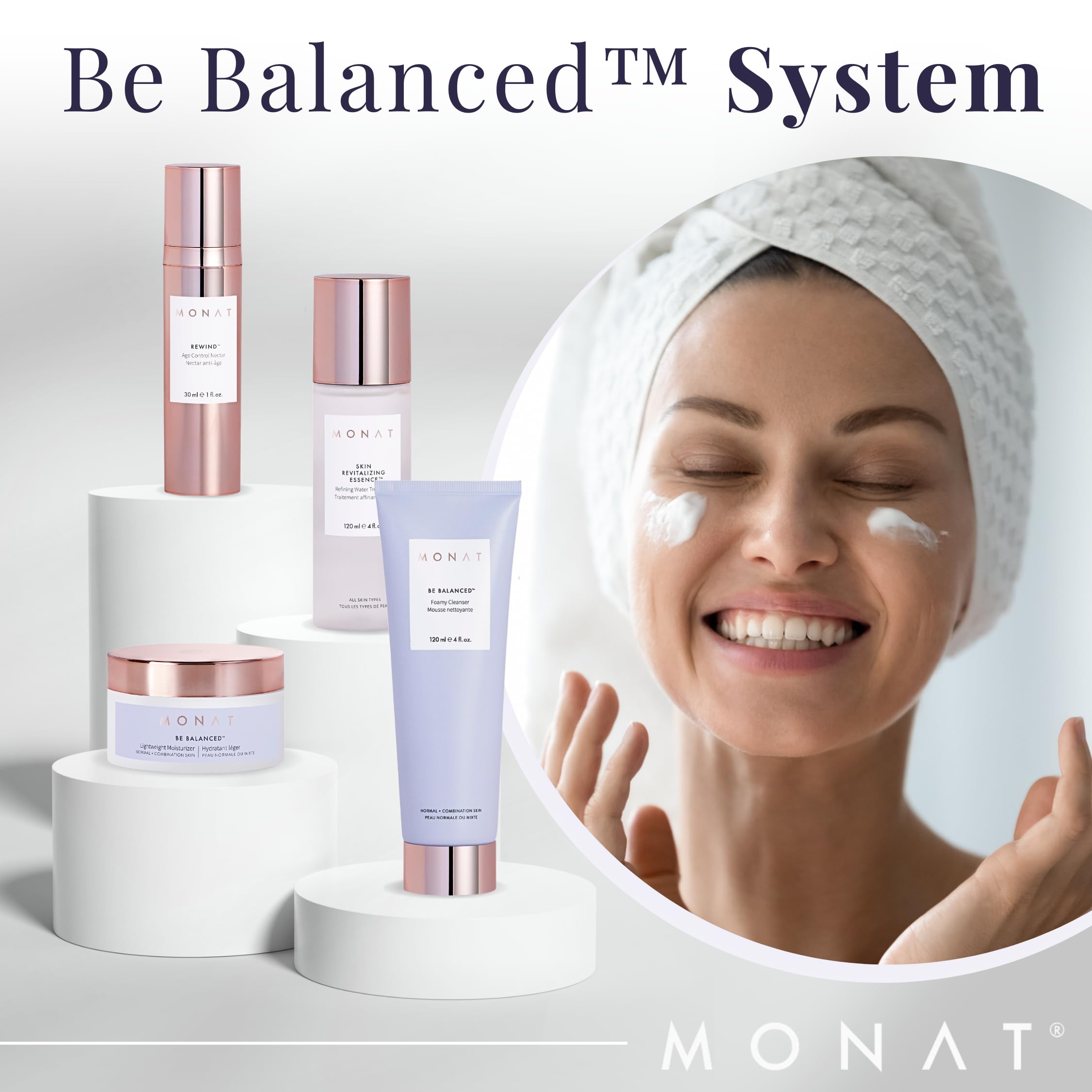 Monat BE BALANCED System for Normal & Combination Skin - Brighten & Renew, Includes Foamy Cleanser, Revitalizing Essence, Age Control Nectar, Lightweight Moisturizer