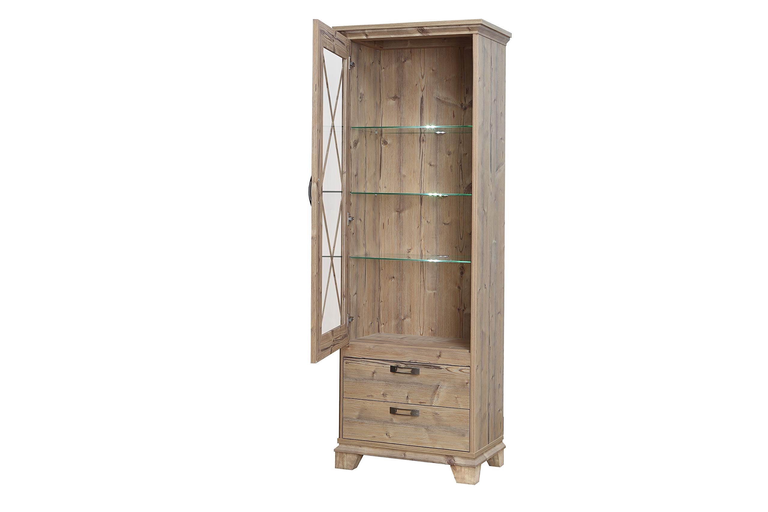 FORTE Nepal Vitrine mit 1 Glastür und 2 Schubladen, Holzwerkstoff, Bramberg Fichte, 75,6 x 209,2 x 45 cm