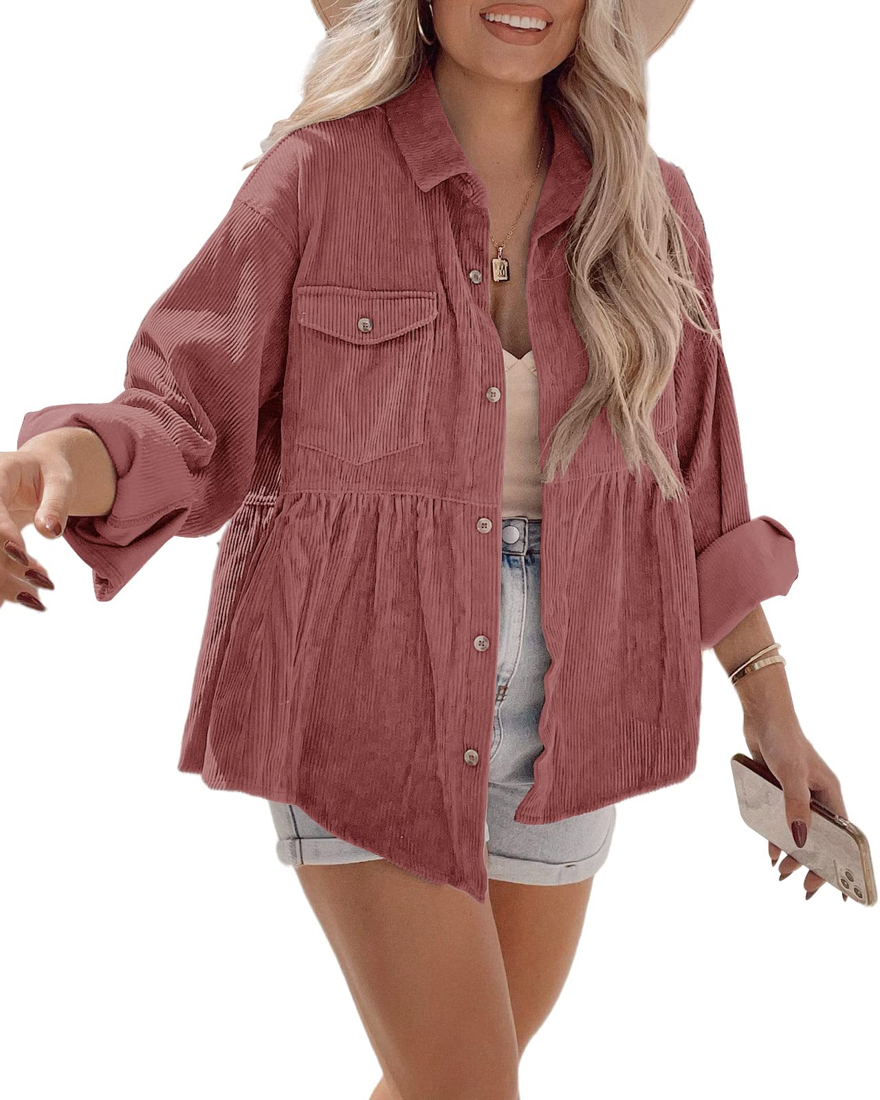 Tutorutor Womens Corduroy Shirts Casual Long Sleeve Button Down Blouses Tunic Babydoll Dress Loose Pocket Jacket Shackets