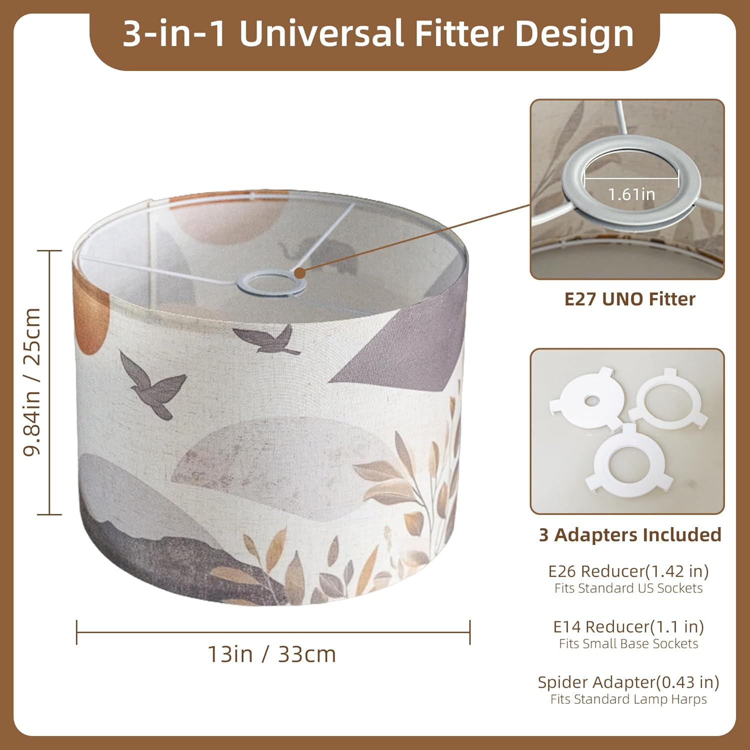 Fabric Drum Lampshades for Table, Floor Lamps, 13’’ Top x 13’’ Bottom x 10’’ High (Spider), Medium Size, Small Size Replacement, Vintage Bird Lampshades, Western, Boho Wabi-Sabi Style