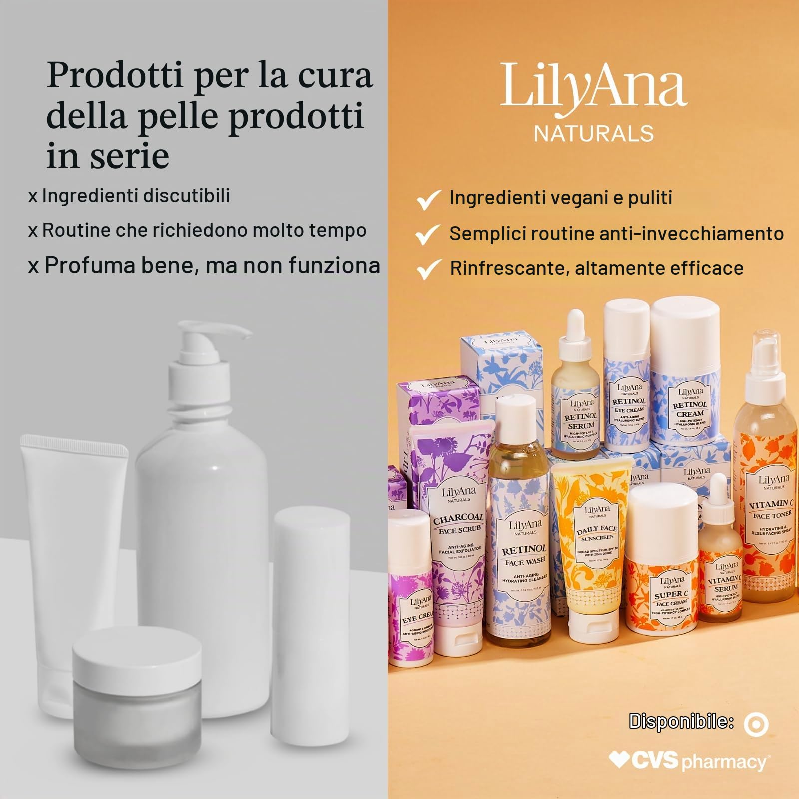 LilyAna Naturals Siero al retinolo, prodotto negli Stati Uniti, siero viso anti invecchiamento con acido ialuronico e vitamina E, riduce le macchie dell'età e i danni del sole, promuove collagene ed