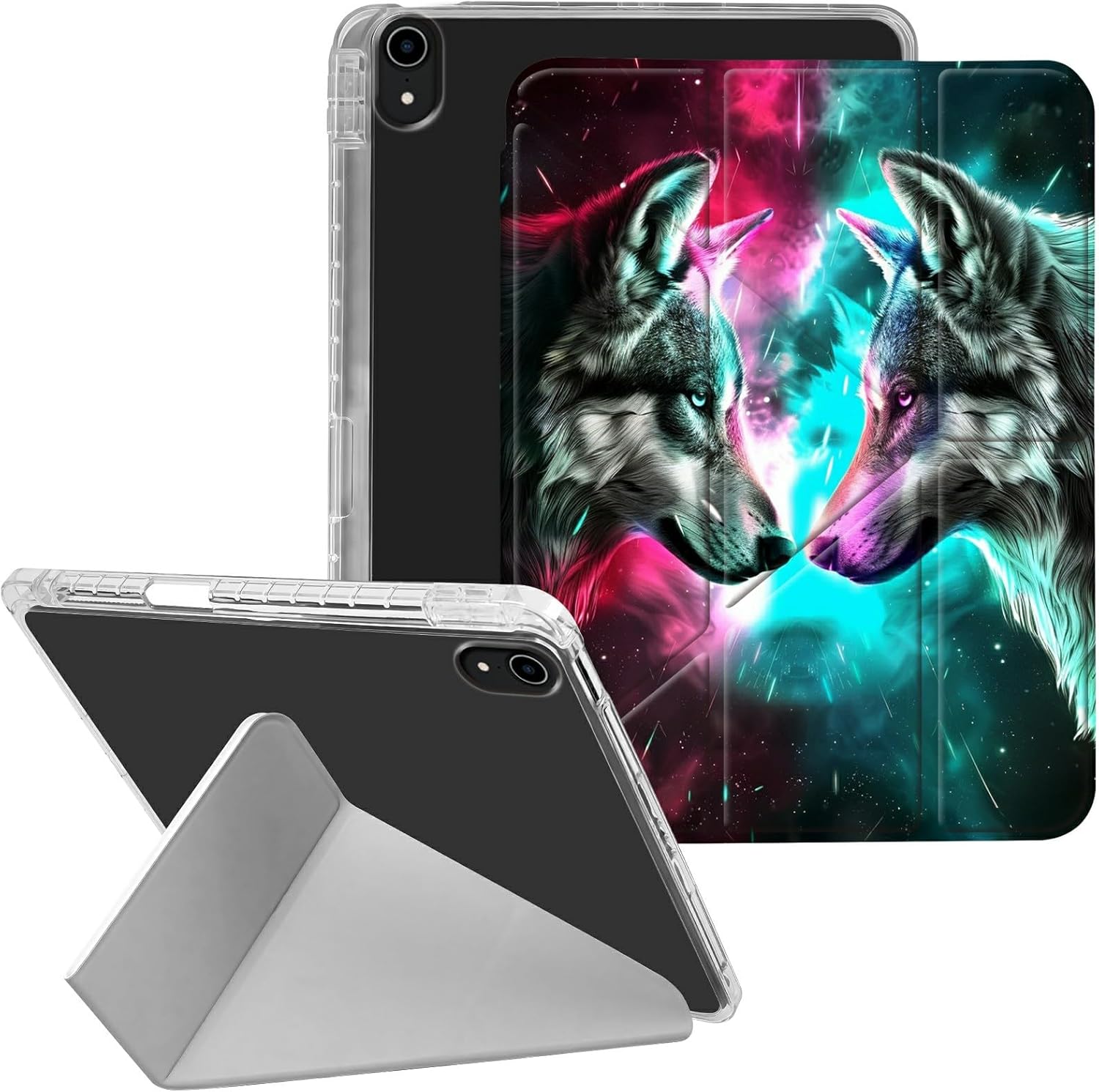 Clear Case for iPad (A16) 11th Gen 11" 2025 & iPad 10th Gen 10.9" 2022 with Pencil Holder, Leather Stand Shell Multiple Viewing Angles Shockproof Protective Transparent Cover, Red Blue Wolf