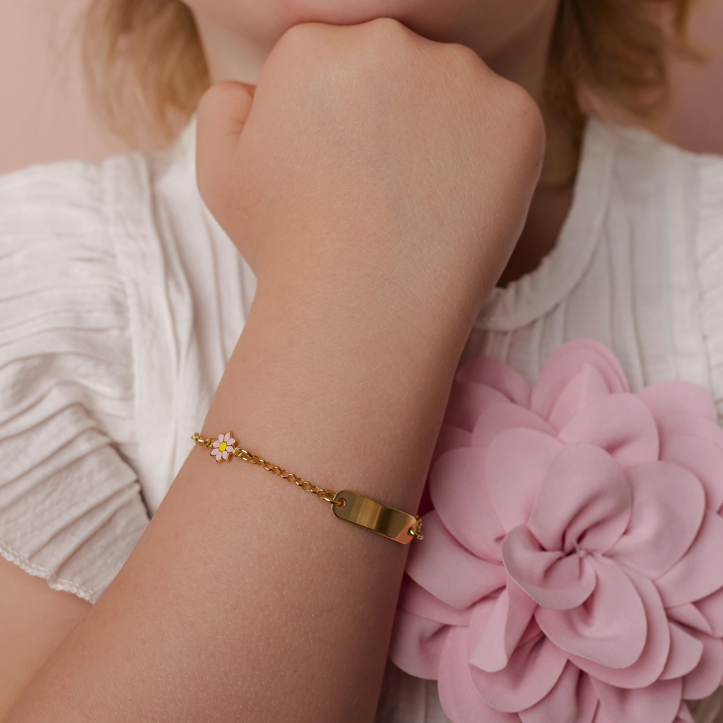 Sakrami Bracelet en Argent 925 Plaquette Gravée pour Enfants avec Fleur et Coeur + Boîte Cadeau Personnalisée - Bracelet de Naissance Communion ou Baptême