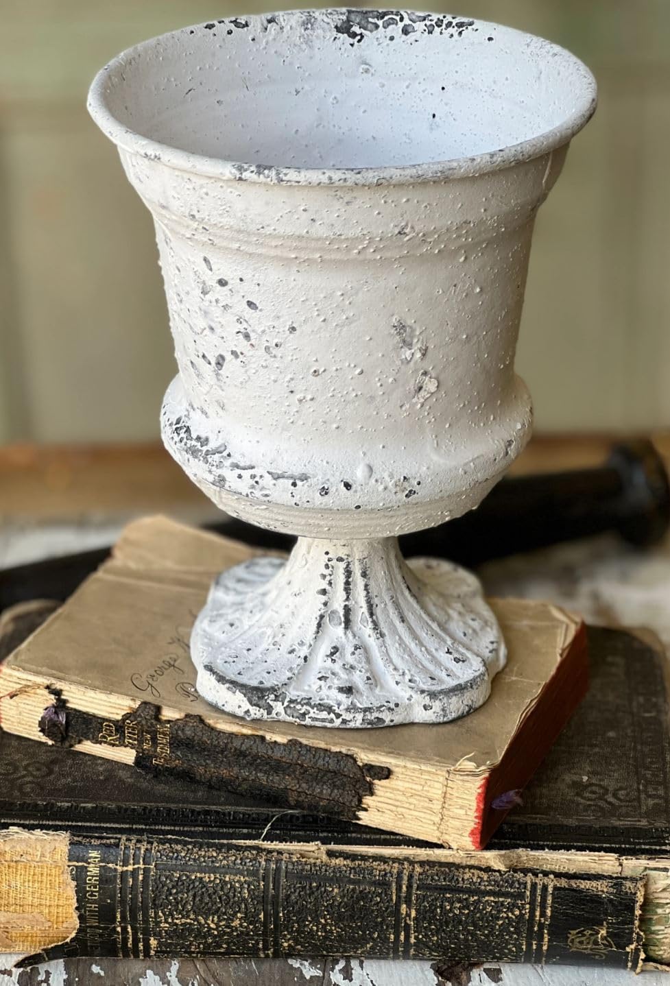 Vintage Shabby Chic Compote Urn, vase - Single - Distressed White Finish, Decorative Base, 6 Inches (1)