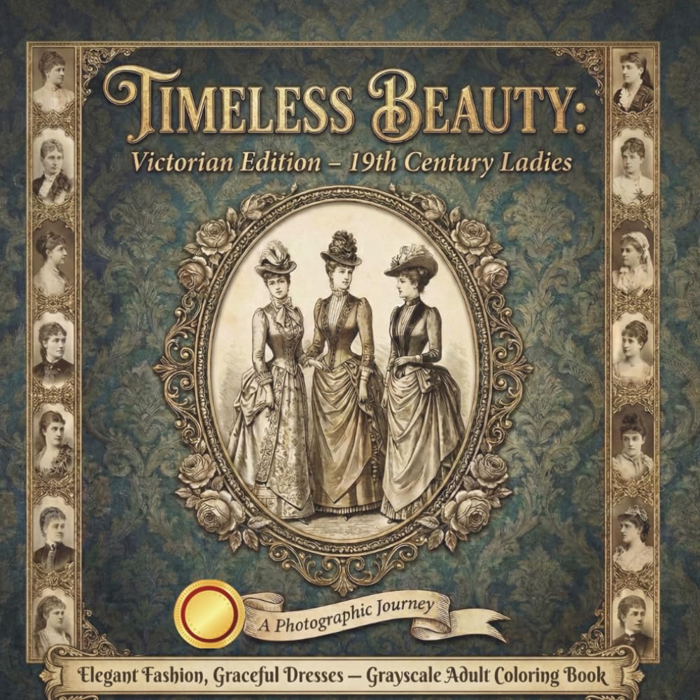 Timeless Beauty: Victorian Edition – 19th Century Ladies: Elegant Fashion, Graceful Dresses – Grayscale Adult Coloring Book