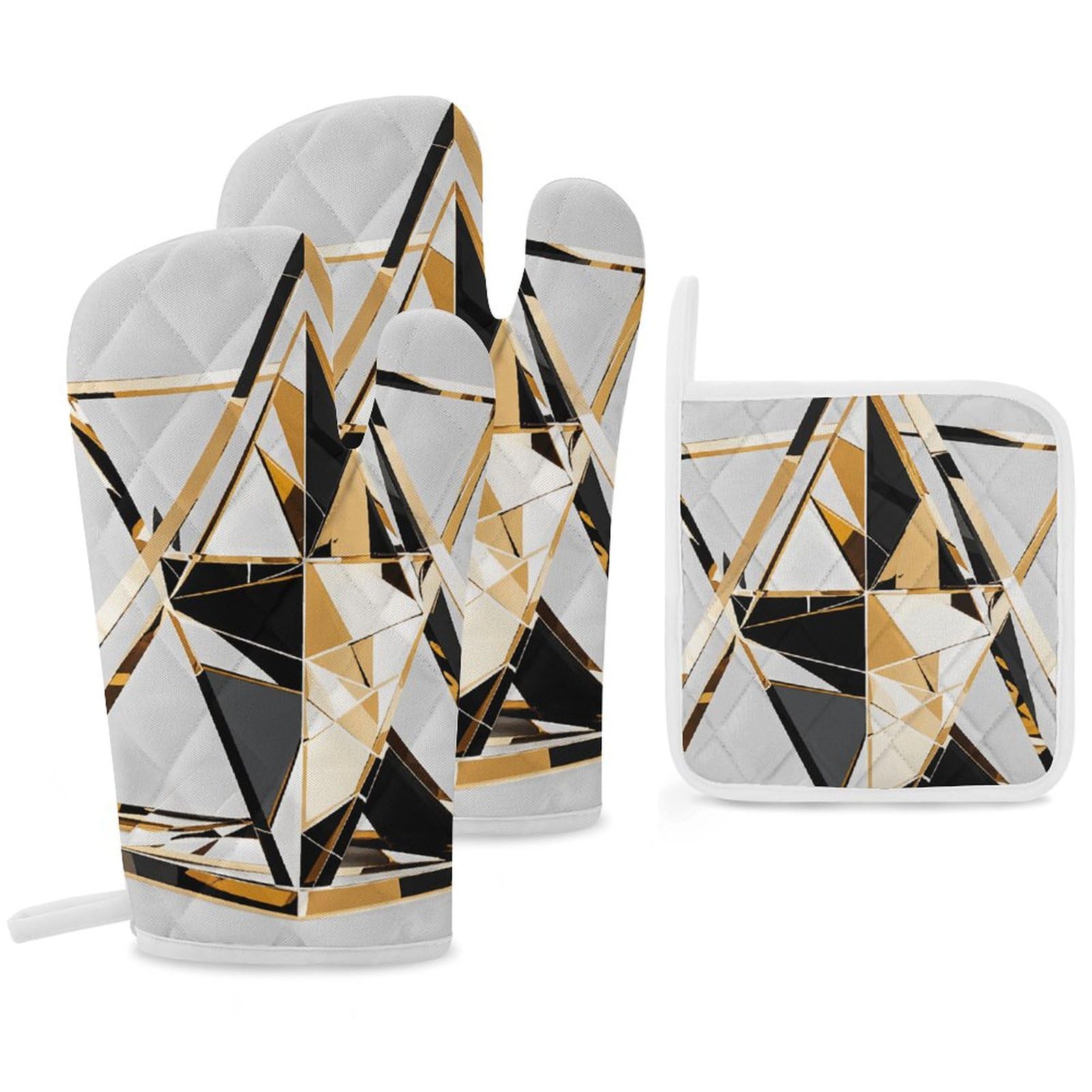 Lot de 3 maniques triangle noir blanc doré en coton résistant à la chaleur pour cuisine