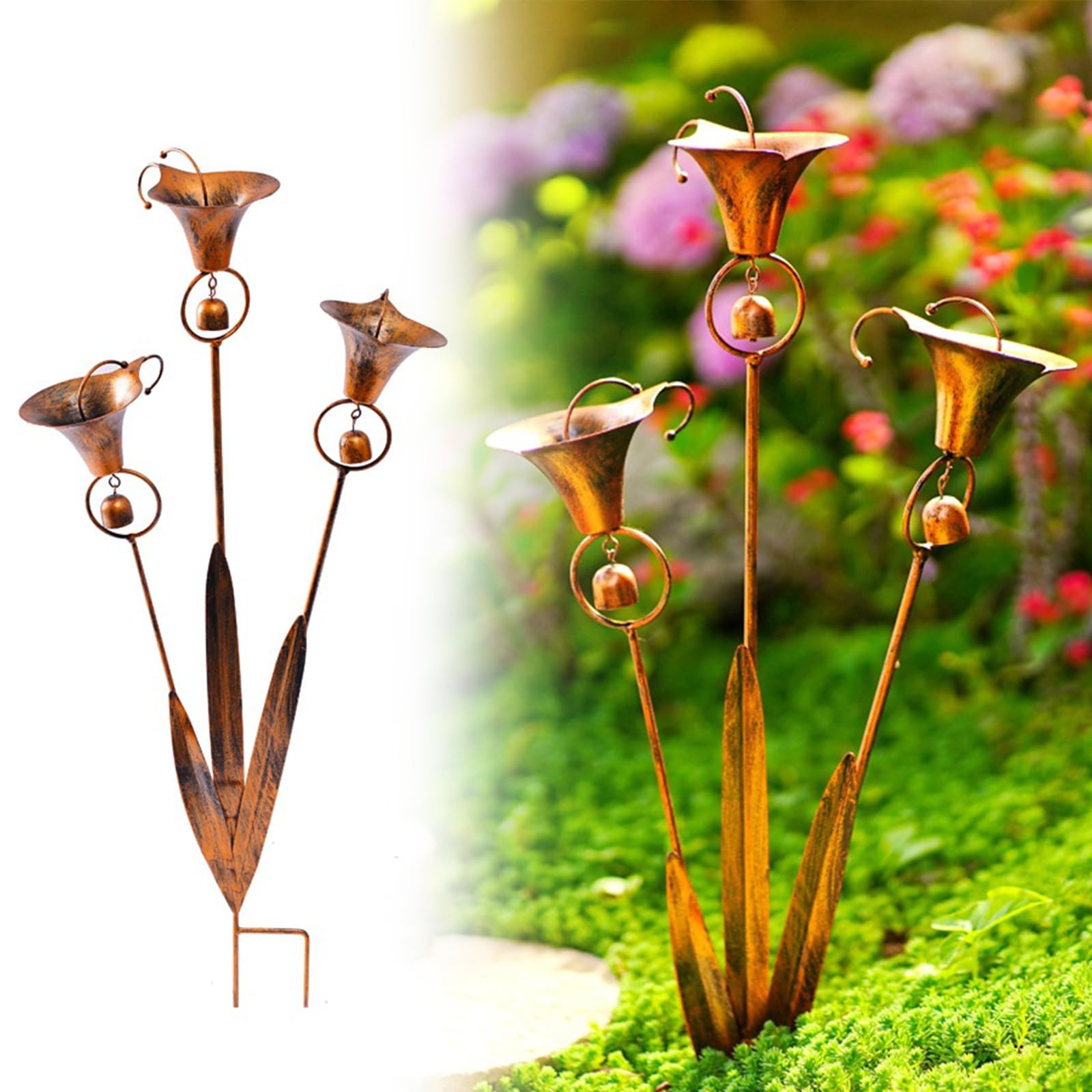 Poteau décoratif de Jardin en métal Calla Lily avec Triple Cloches - Sculpture Florale de 60 cm en Bronze pour extérieur, décoration de Jardin, Fleurs de lys, élément d'art pour Cour, Patio