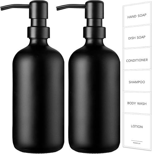 Miniatura 1 de GMISUN Dispensador de jabón de vidrio ámbar, paquete de 2 dispensadores de jabón de manos de baño con bomba de bambú, juego de dispensador de jabón