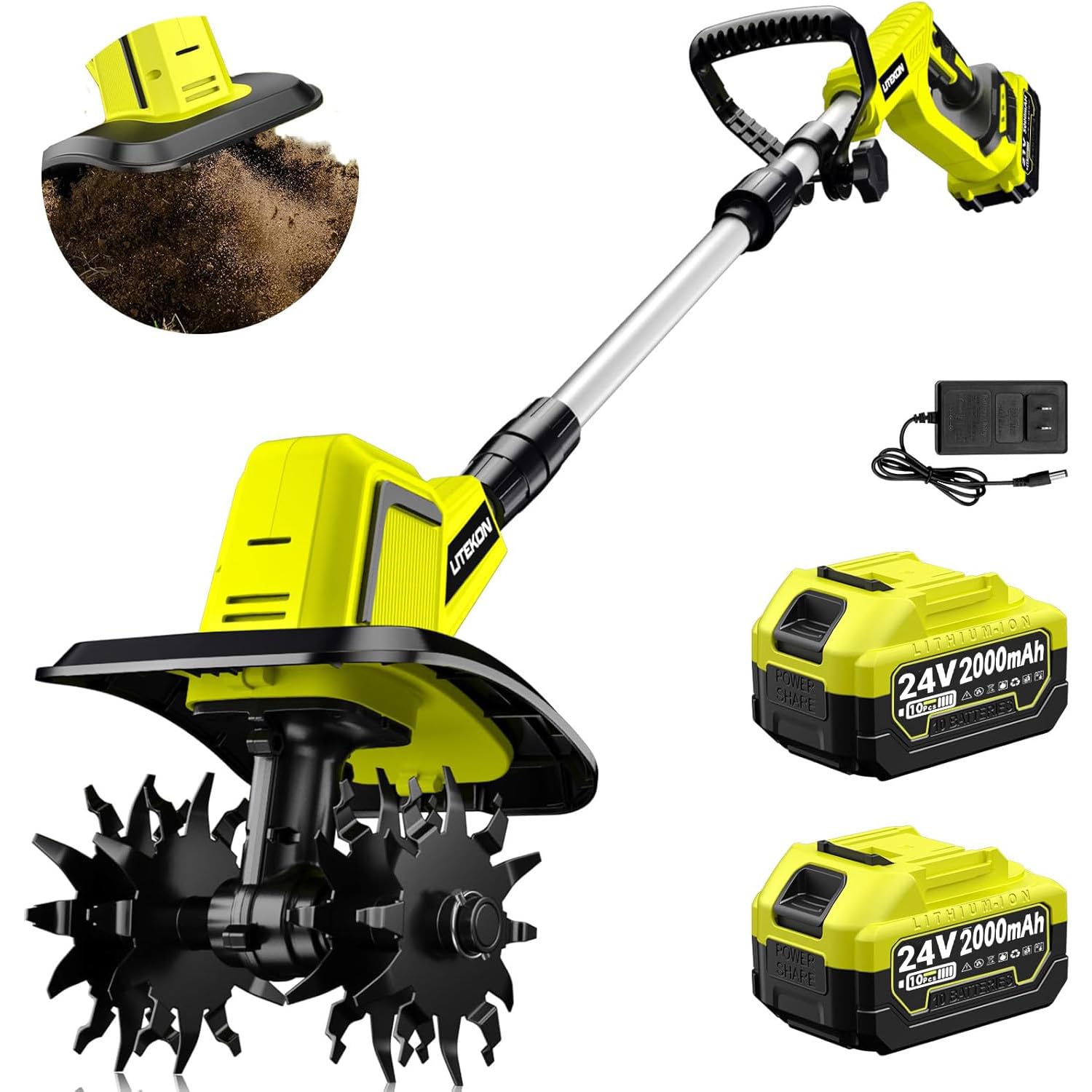 Cultivador inalámbrico con 2 baterías de 5000 mAh, cultivador eléctrico de jardín de alta potencia de 360 rpm, ancho de labranza de 9 pulgadas y 6.6 pulgadas de profundidad, 20 V para jardinería