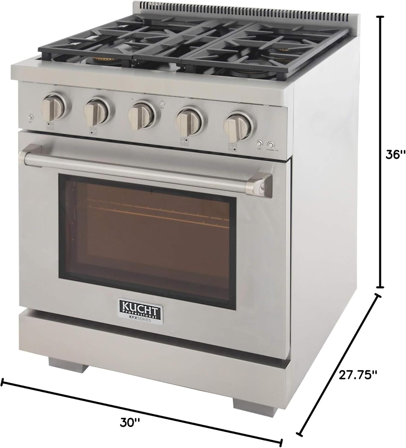 Diagram showing the dimensions of the Kucht KFX3000X/LP-S Gas Range.