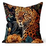 Vintage Jaguar Throw Pillow Cover Botanical Leopard Decorative Cushion Case for Sofa Bed Couch Farmhouse Home Decor, 18x18 Inch