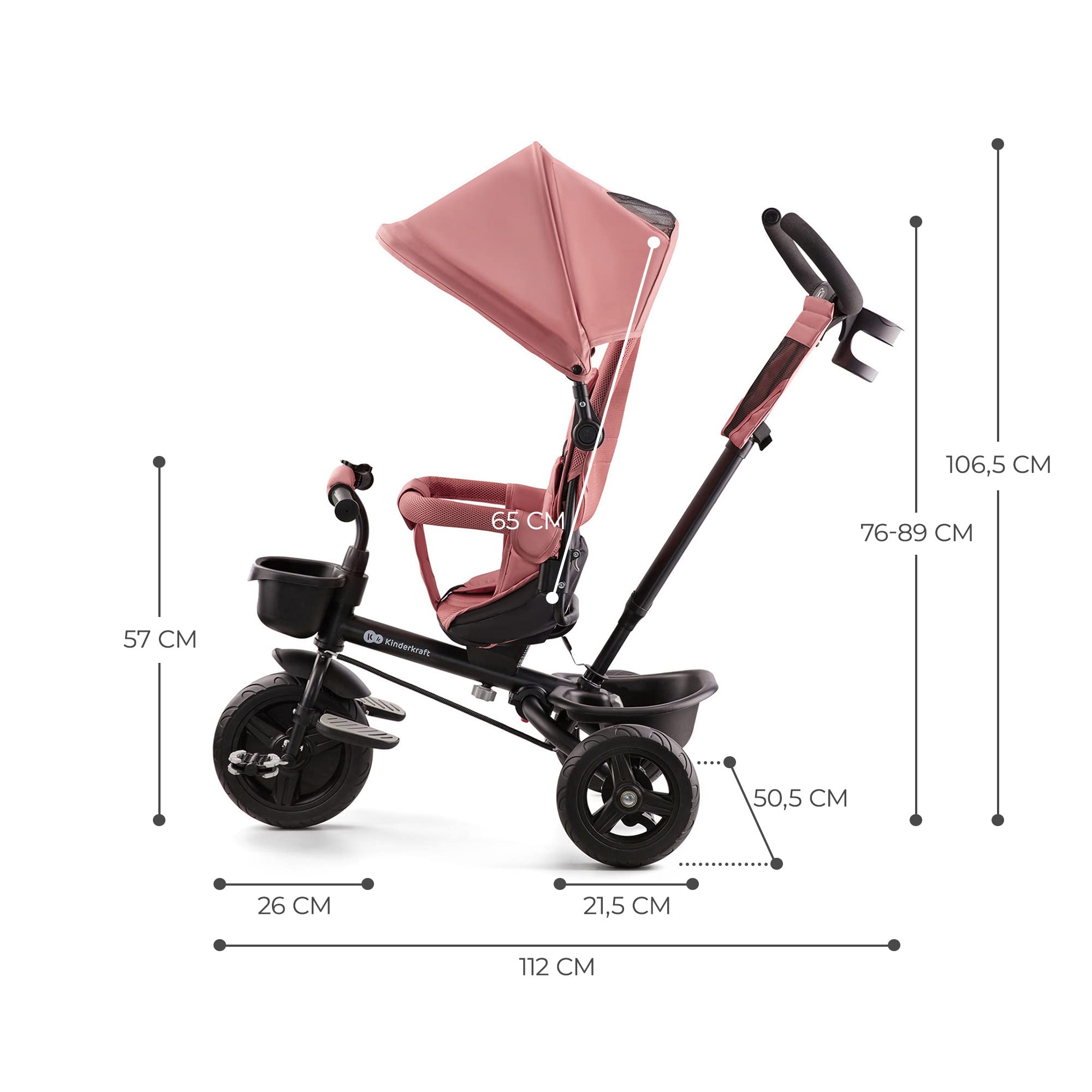 Kinderkraft Aveo Bebé, Plegable, Trike, Bicicleta para Niños, Triciclo Evolutivo, Sin Pedales, Bicicleta Bebe, con Accesorios Práctico, Dos Cestas, 9 Meses a 25 kg, Rosa