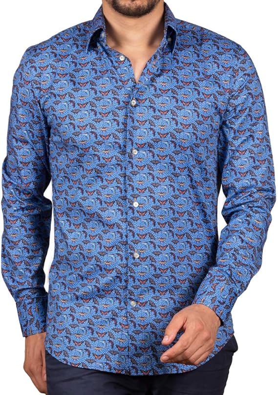 Amazon コトンドゥ Cotondoux メンズ シャツ 長袖 柄 ブランド 蝶々柄 ブルー 柄シャツ きれいめ M92ad1715butterfly 39 シャツ 通販