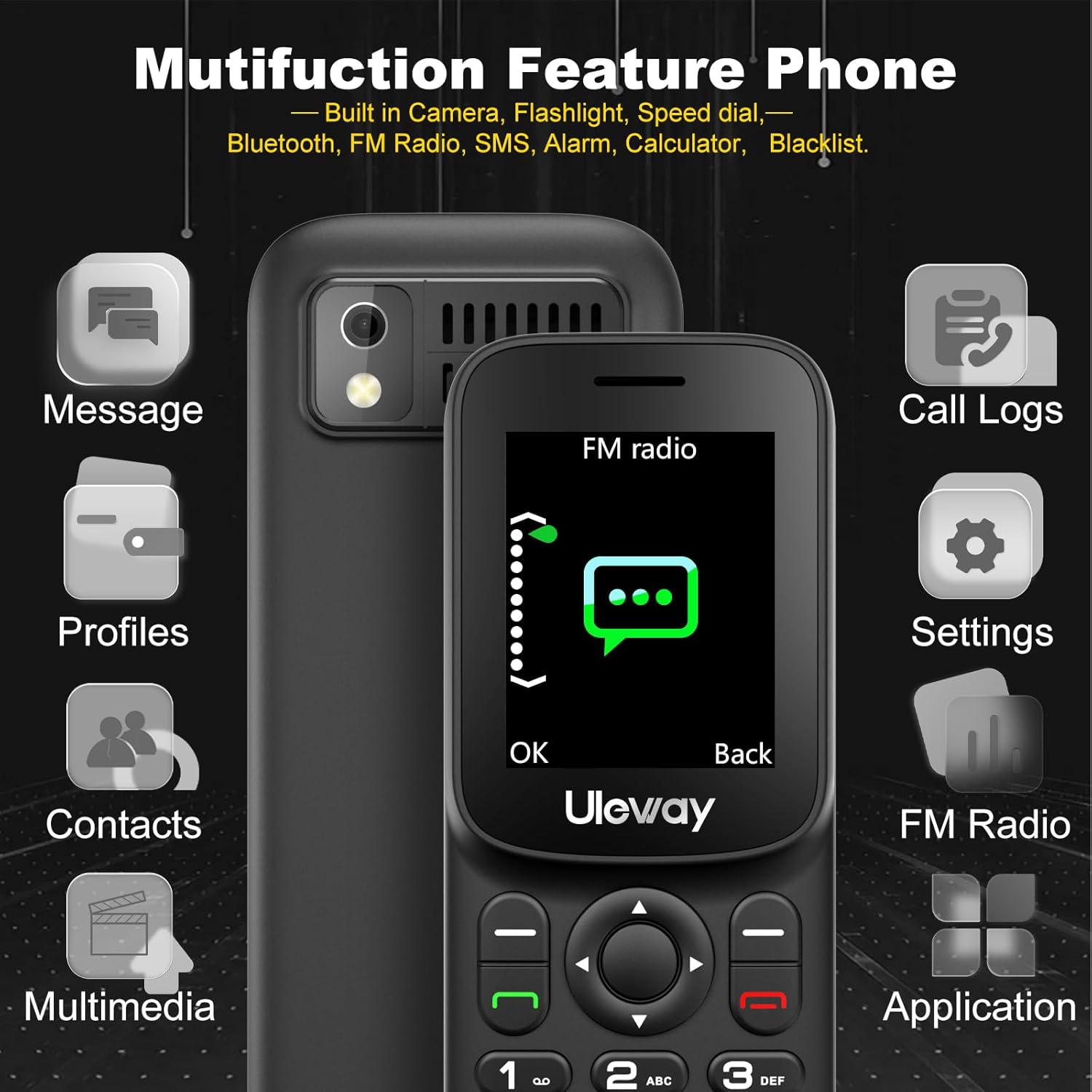 Uleway T185 user interface showing message and call log icons