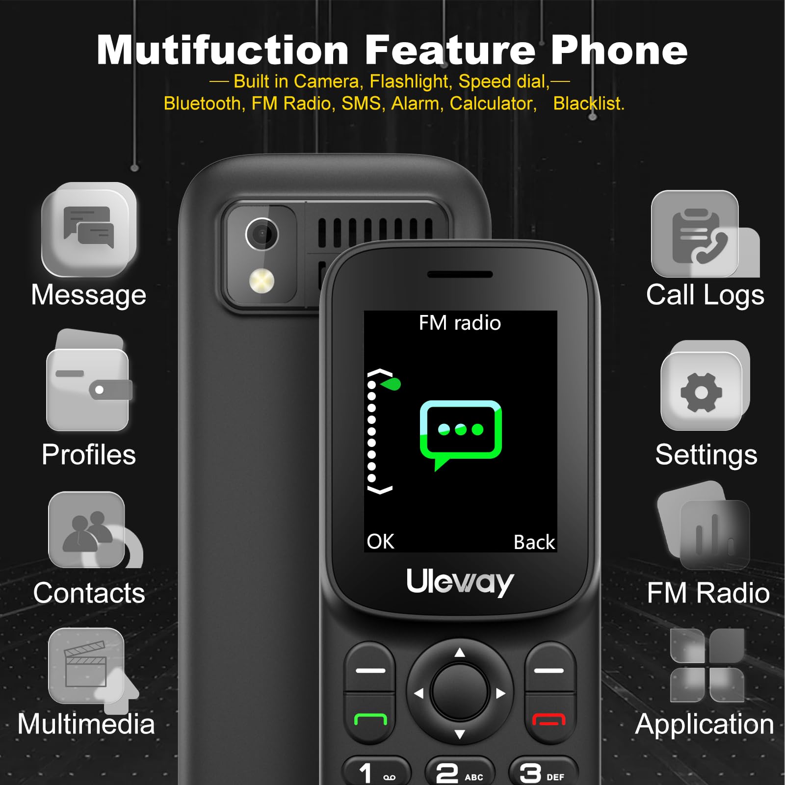 ukuu Cellulare 4G per anziani senza contratto, con tasti grandi, con lunga durata della batteria da 1000 mAh, display a colori da 1,8 pollici, con torcia (nero)