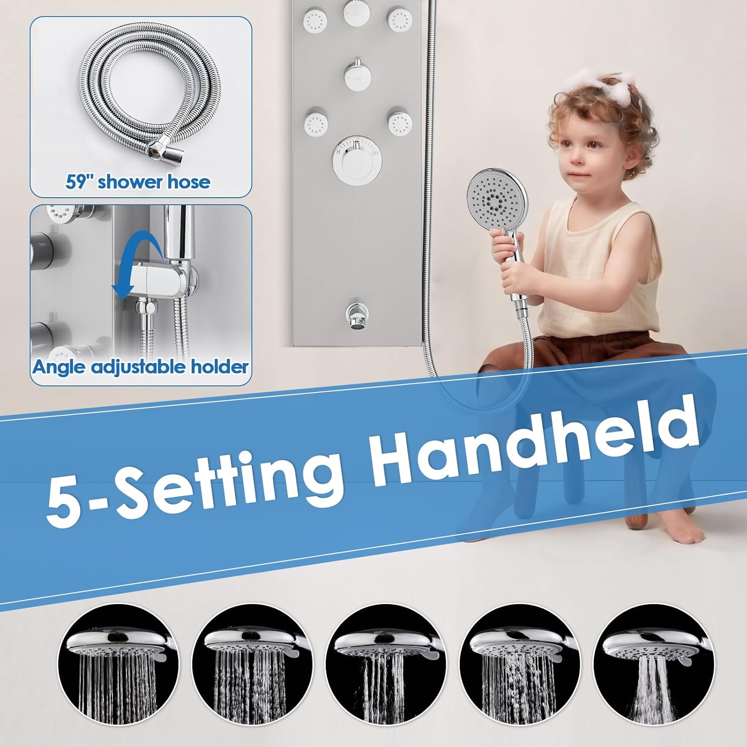 Shower Panel System - Use 4 Functions Simultaneously: Rainfall Shower, Body Jets, Handheld and Tub Spout, Shower Tower Column with Adjustable Head, 304 Stainless Steel Brushed