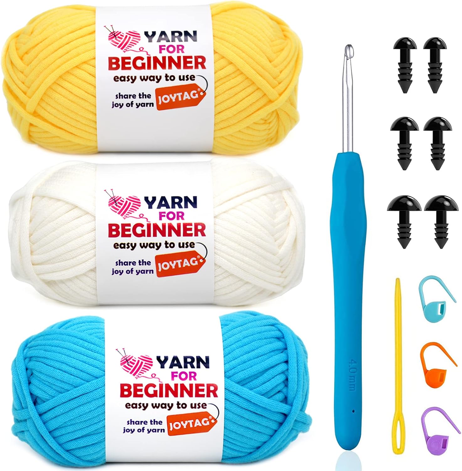 3 Pack Beginners Crochet Yarn Yellow White Blue Cotton