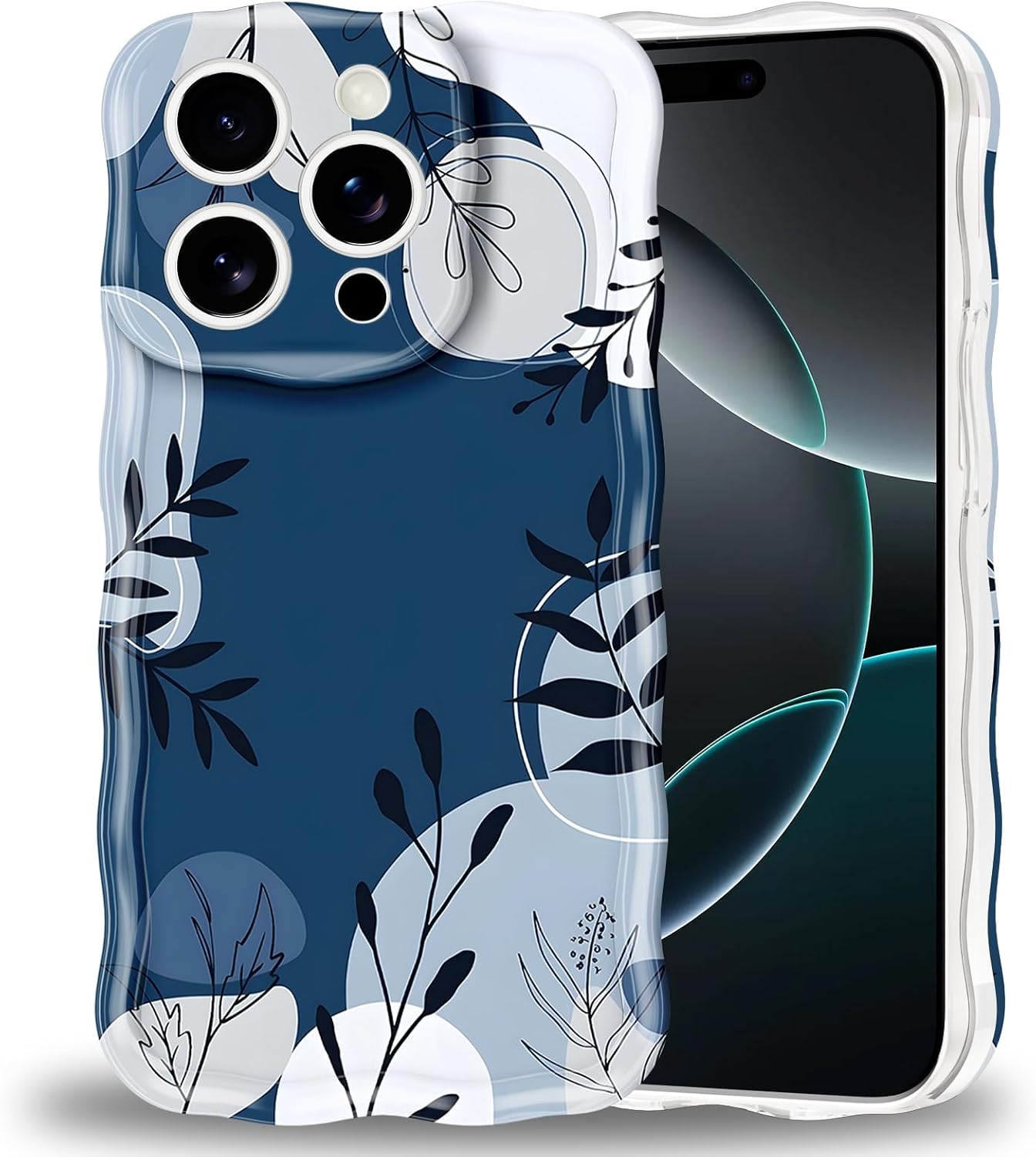 Cute Flower Magnetic Phone Case for iPhone 16 Pro Max 6.9", Compatible with MagSafe, Aesthetic Navy Blue Floral Print Pattern Curly Wavy Art Case Shockproof Silicone Cover for Women Girls Men