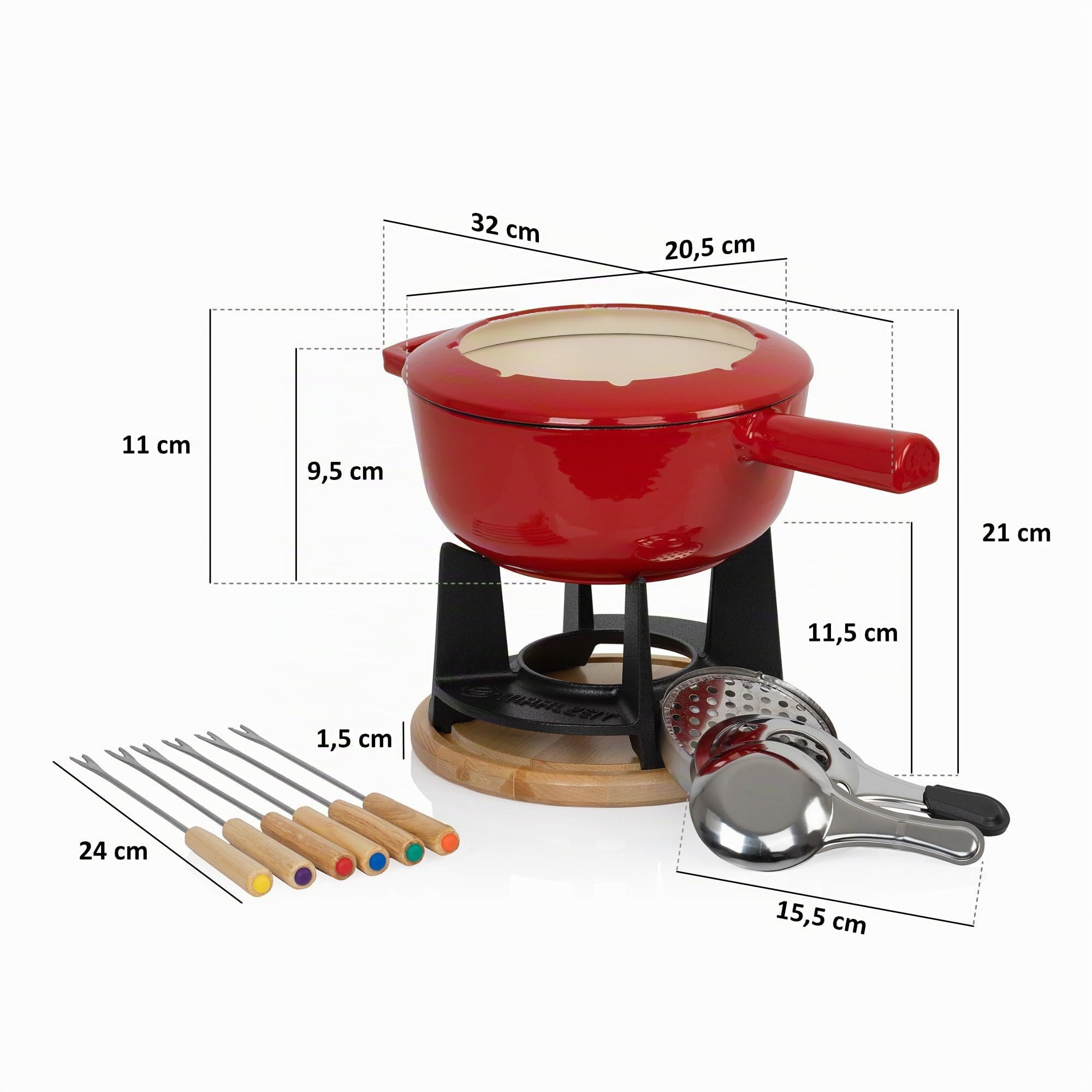 Mahlzeit Service à Fondue en Fonte pour 6 Personnes | 2 litres | Service à Fondue à 13 pièces avec brûleur et fourchettes | Service à Fondue Chocolat, Fondue bourguignonne (Rouge émaillé)