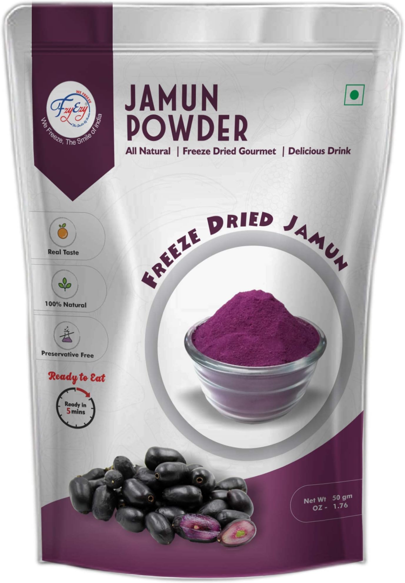 Natural Freeze Dried Black Jamun Powder for Kids and Adults | Camping Vegan Ready to Mix Healthy Fruit Powder | Pantry Groceries fruit powder for Smoothies, Baking, Yogurt, Culinary Creation (50gm)