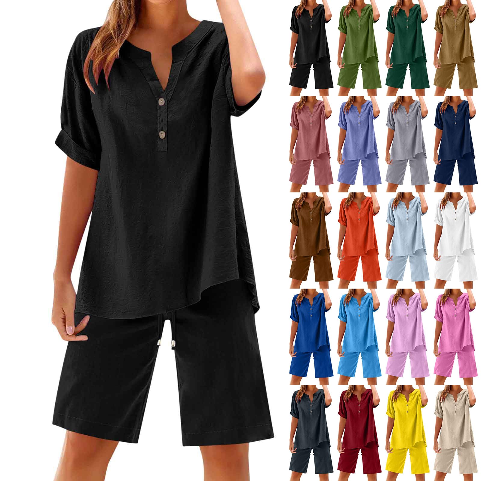 Set di mussola da donna, elegante camicetta in lino e vita elasticizzata, pantaloncini estivi, 2 pezzi, in cotone, lino, oversize, per il tempo libero, a maniche corte, 2 pezzi