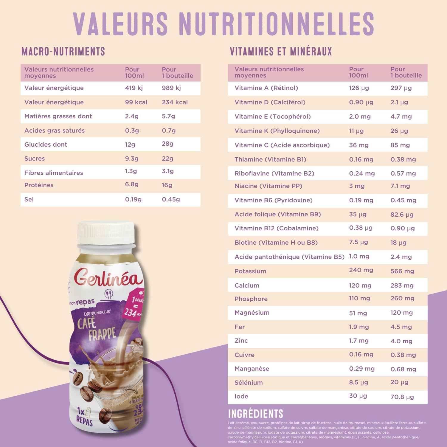 GERLINÉA – Boisson Minceur Café – Repas à Boire Équilibré et Complet – Riche en Protéines – Sans Huile de Palme – Contrôle du Poids – Lot de 8 bouteilles x 236 ml
