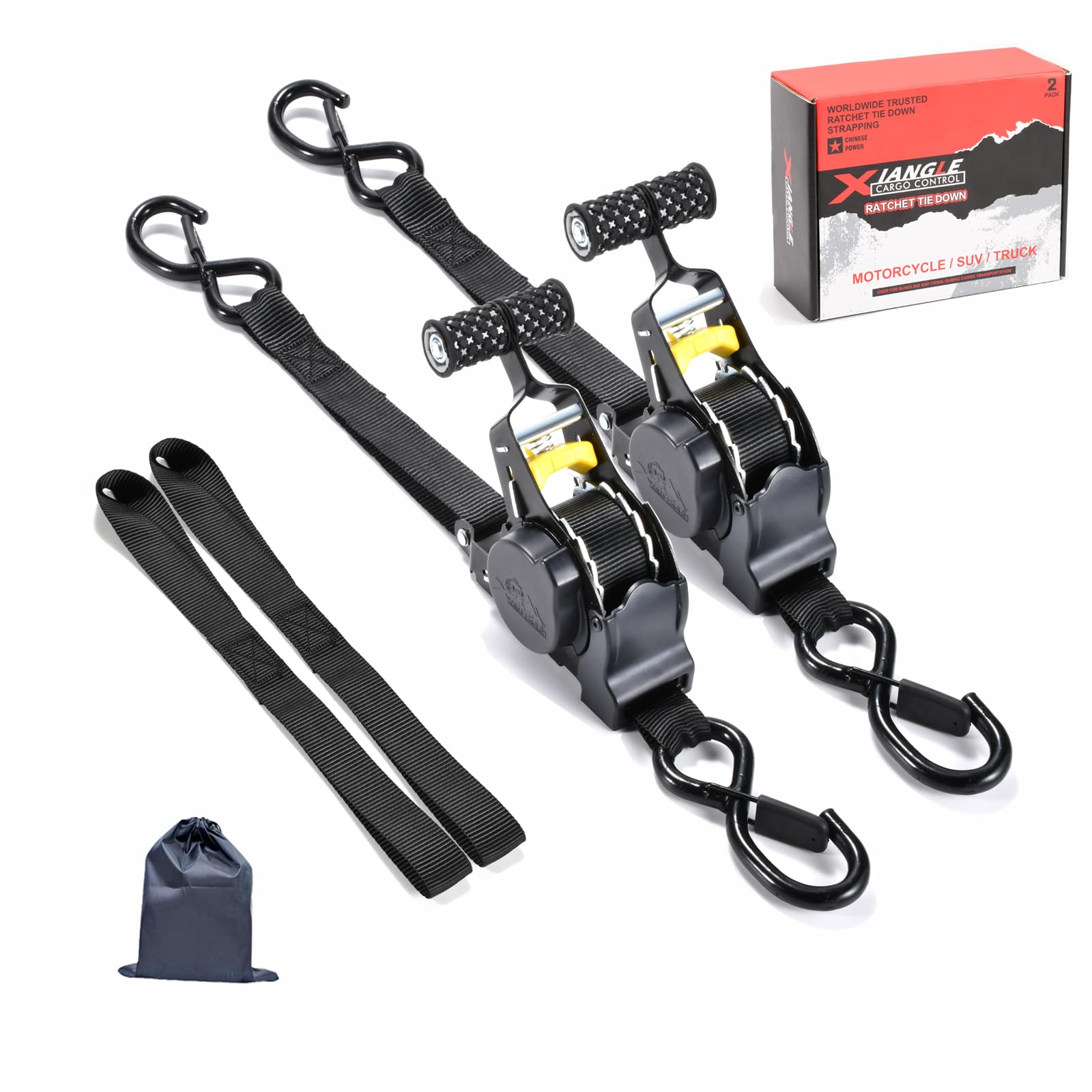 Retractable Ratchet Straps, Heavy Duty, 1500 Lb Break Strength, 1" x 10', Set of 2 with Soft Loops, Storage Bag