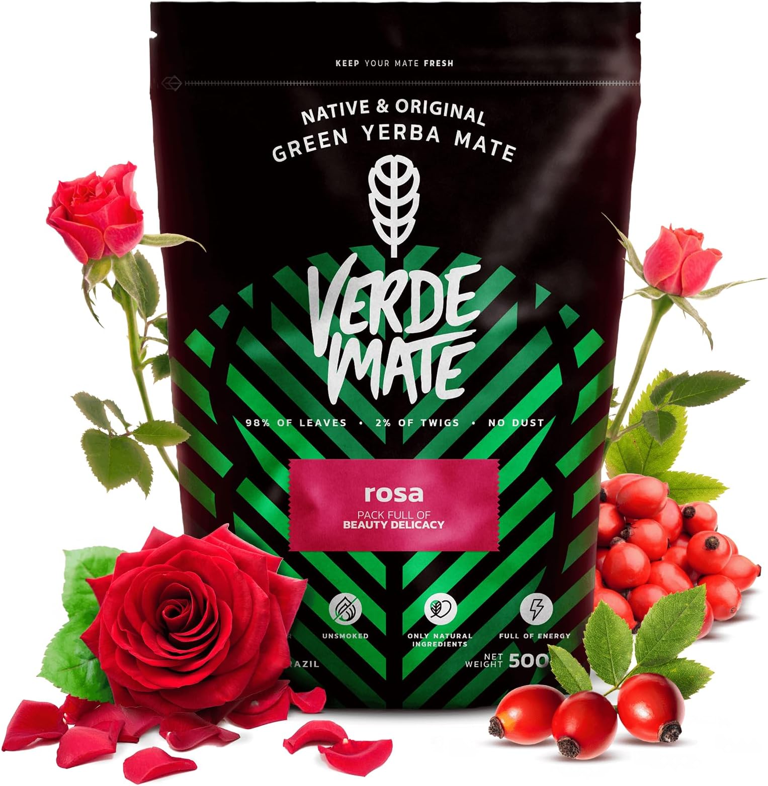 Verde Mate Yerba Mate Tea Rosa 500g – Air‑dried, Unsmoked, Without Stems or Powder, Delicate Floral Blend with Rose from Brazil