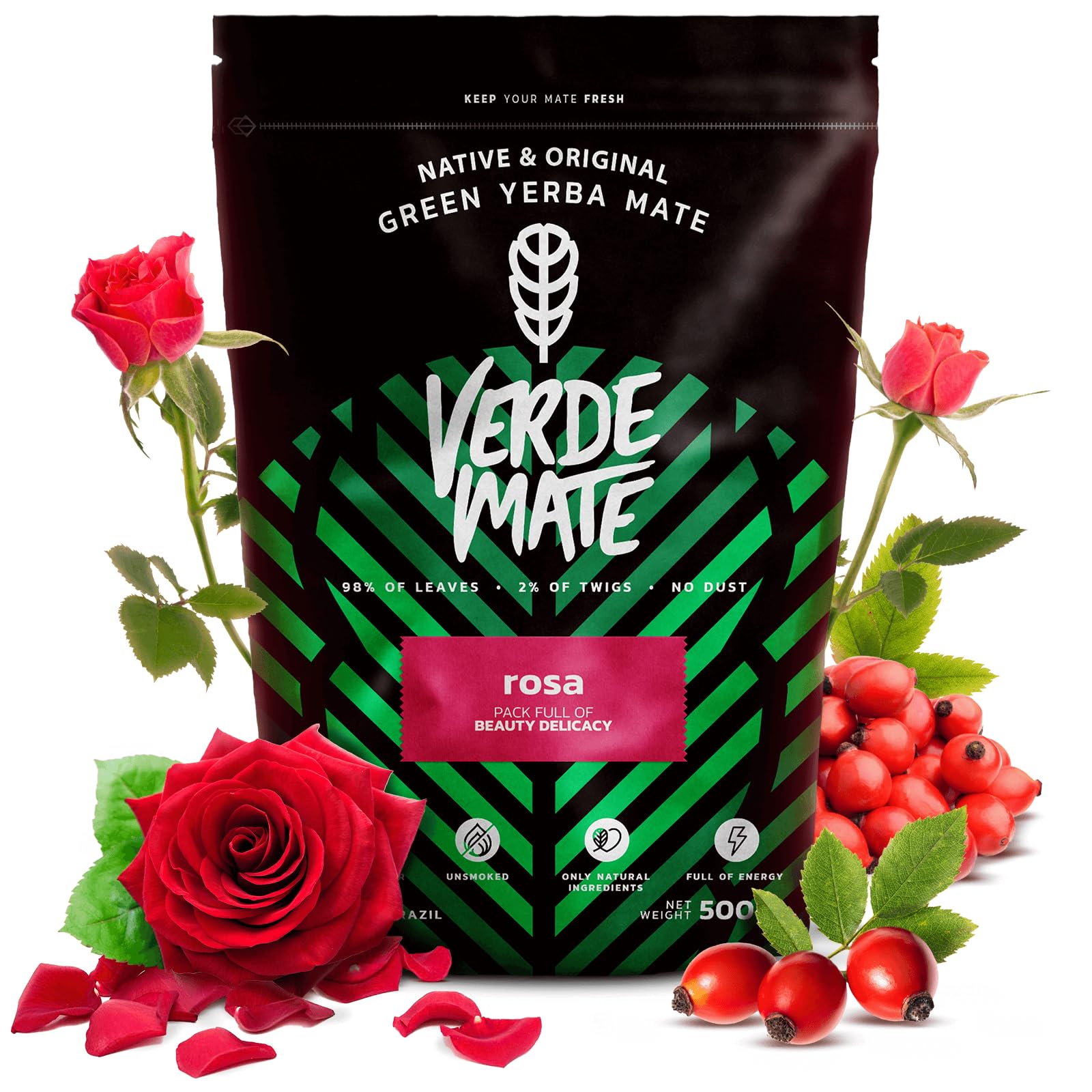 Verde Mate Yerba Mate Tea Rosa 500g – Air‑dried, Unsmoked, Without Stems or Powder, Delicate Floral Blend with Rose from Brazil