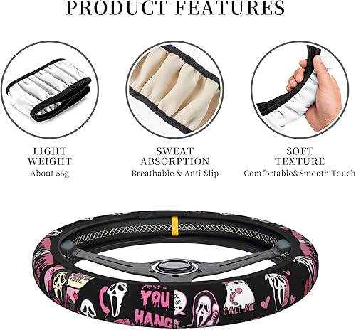 Miniatura 4 de Funda para volante de fantasma rosa de Halloween, accesorios de película de terror con 2 ambientadores de automóvil, funda antideslizante de ajuste