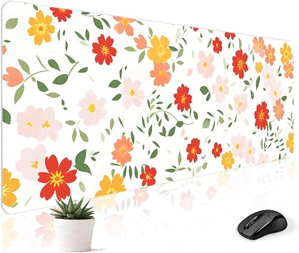 Mousepad Desk Mat Gaming Large Keyboard Cute Office Desktop Computer Laptop XXL Long Big Kawaii Aesthetic Girly Pretty Design Women Girl Gamer Oversized Wide 30x12 Mousepad, Red Floral