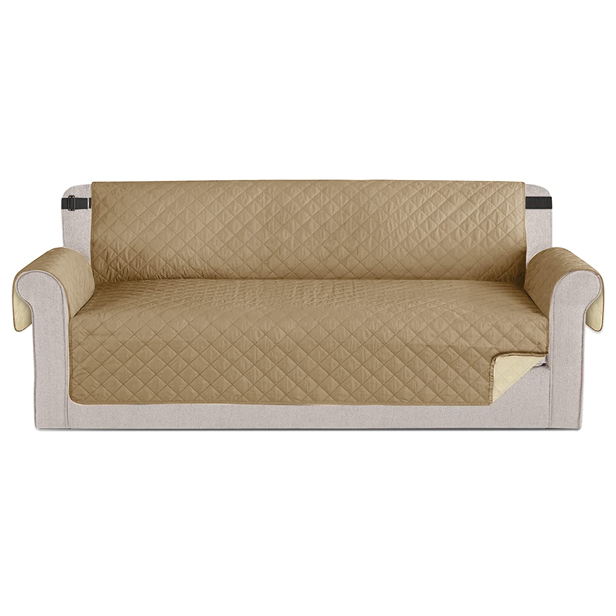 Time to Sparkle 1Pack Sofa Cover 4 Seater Sofa Slipcover Reversible Water Resistant Couch Cover with Foam Sticks Elastic Straps Furniture Protector for Kids, Dogs, Pets - Khaki
