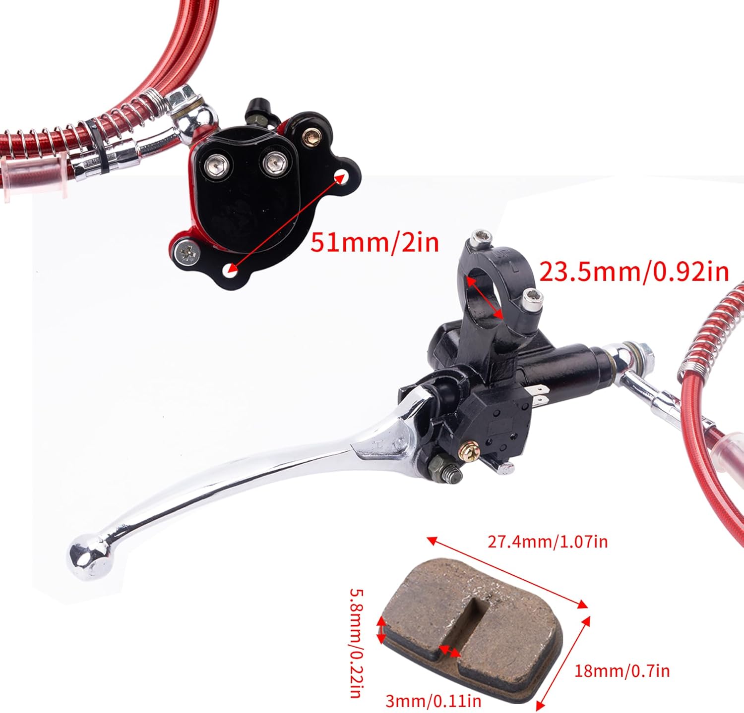 Motor Upgraded red Hydraulic Brake System The Left of The 7/8" Handlebars 50 inch Hose Compatible with Mini Bike Baja Doodlebug DB30 Minibikes Go Karts