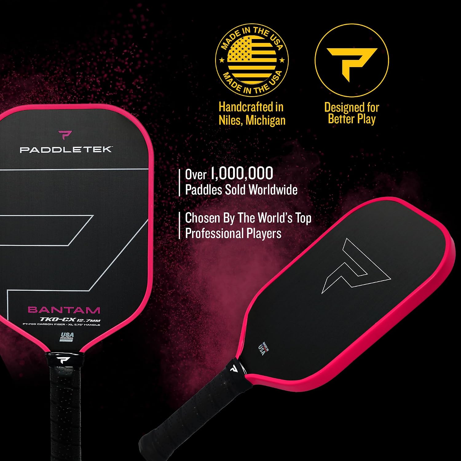 Paddletek Bantam TKO-CX 12.7mm Pickleball Paddles with Polymer Honeycomb Core - Unidirectional Carbon Fiber – Torsional Weighting & High Tack Performance Grip - USAPA Approved - 5.75 Inch Handle