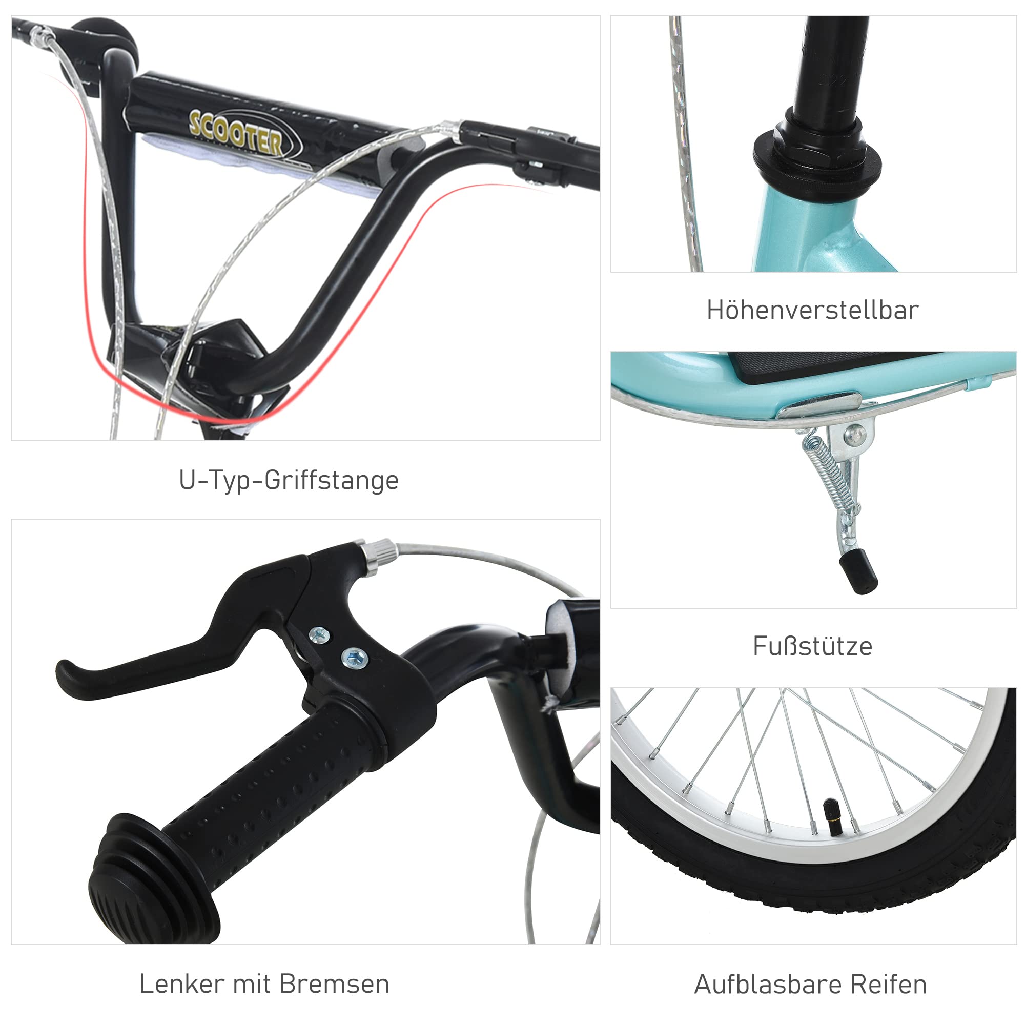 HOMCOM Kinderroller mit Verstellbarem Lenker Handbremse 16 Zoll | Großen Rädern, Kickscooter Cityroller, für Jungen und Mädchen ab 5 Jahre, Scooter Tretroller, Metall