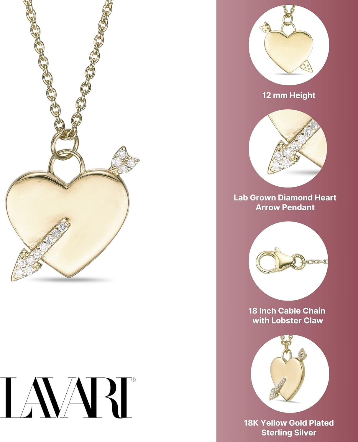 Lavari Jewelers 1/20 Carat Lab Grown Diamond Heart Arrow Pendant for Women - 18k Yellow Gold Plated Silver Heart Pendant Necklace for Her - Adjustable 16 to 18 Inch Cable Chain with Lobster Claw Clasp - Image 6