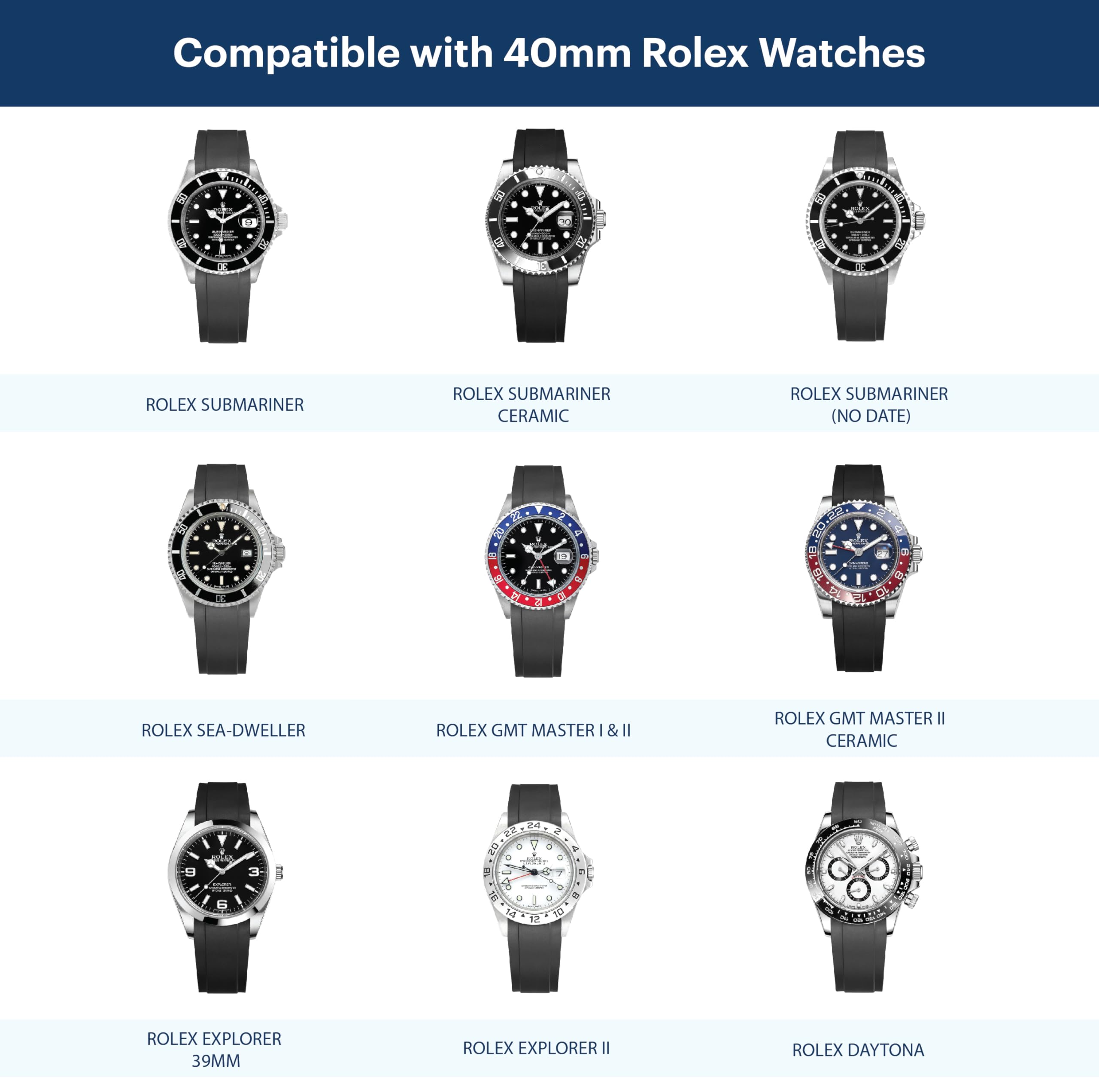 Crafter Blue Cinturino in gomma RS01 con estremità curva compatibile con Rolex Submariner, Explorer, Explorer II, GMT Master, GMT Master II, Daytona e Yachtmaster da 40 mm