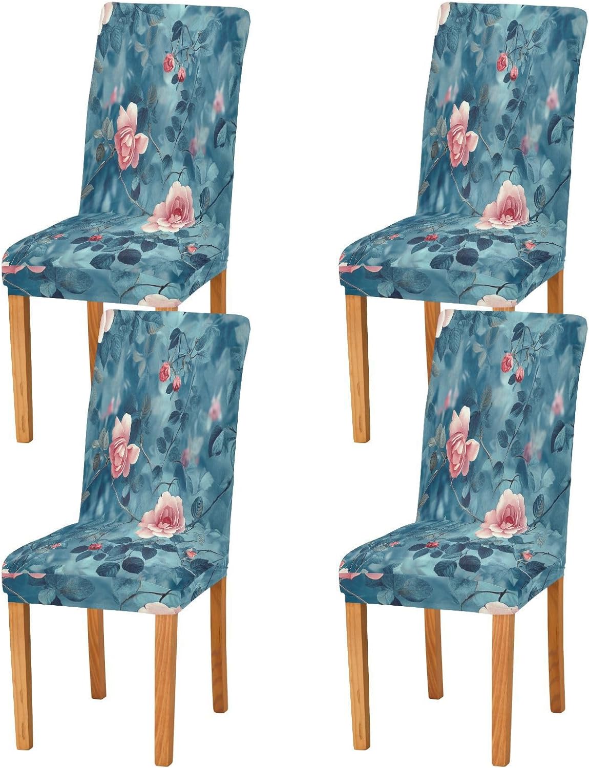 ALAZA Chair Covers for Dining Room, Spring Rose on Blue Stretch Chair Cover Sets Chair Protector Removable Washable for Ktichen Restaurant Hotel