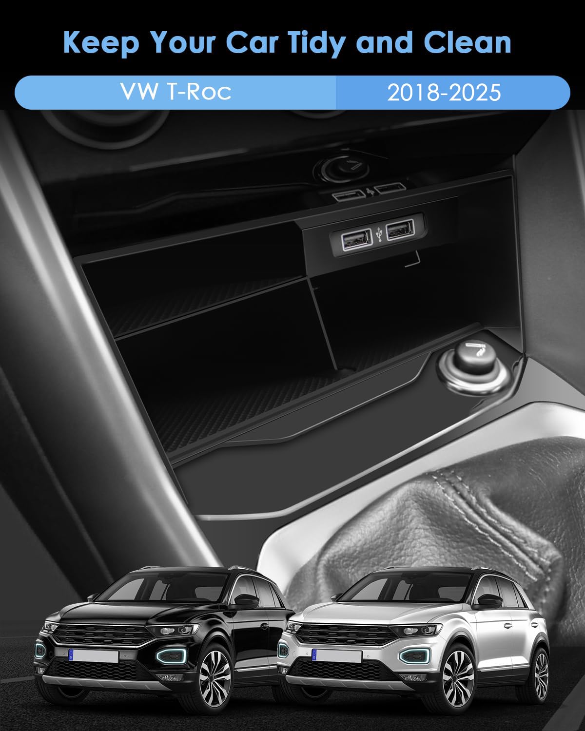 Kompatybilny z VW T-ROC 2018-2024 2025, konsola środkowa, centralne sterowanie, wielofunkcyjne pudełko do przechowywania T ROC 2023, akcesoria