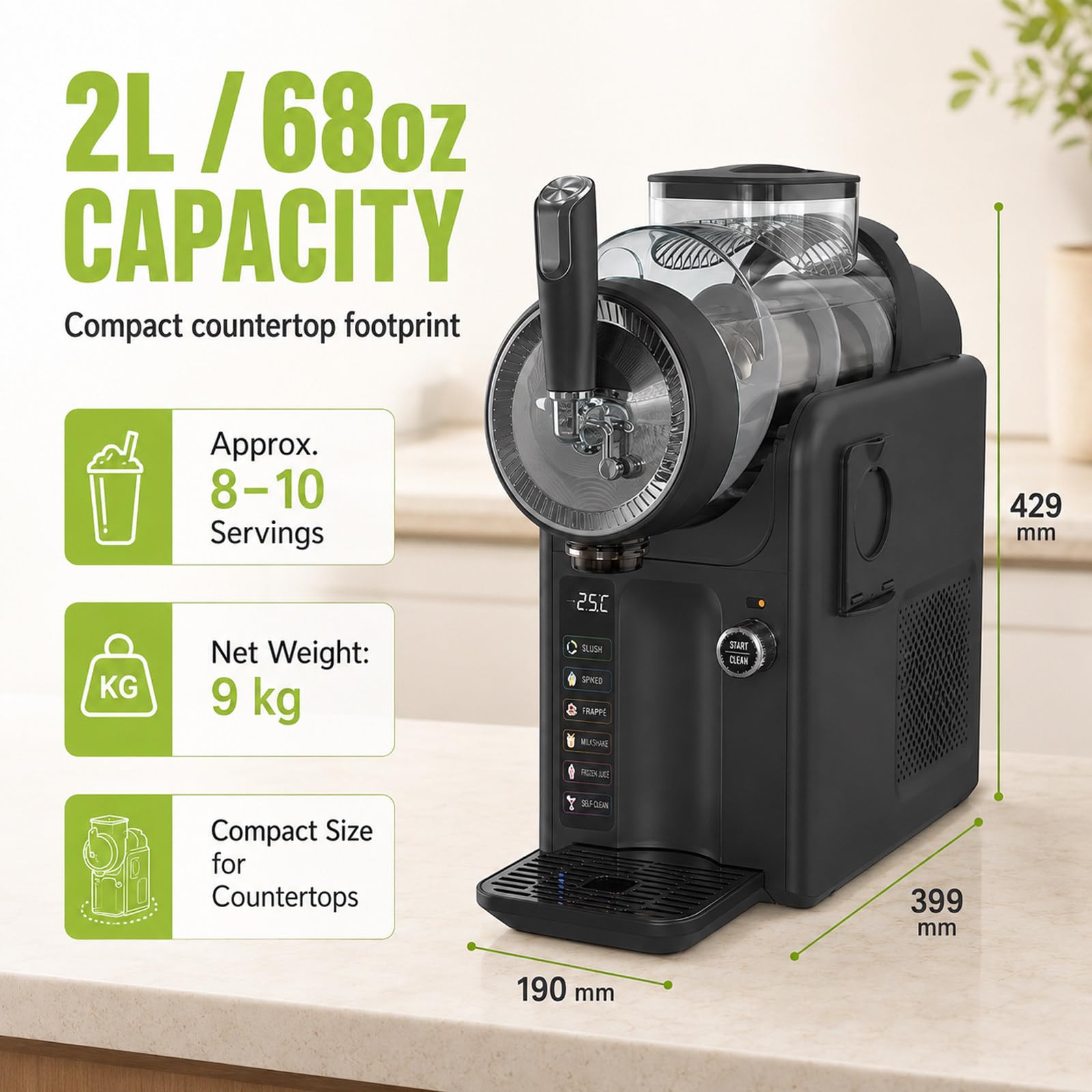 Máquina de Granizados Sin Hielo, 2L - Frozen Drink Maker 185W, 5 Modos, Pantalla LED, Limpieza Auto, Casa Fiesta Black